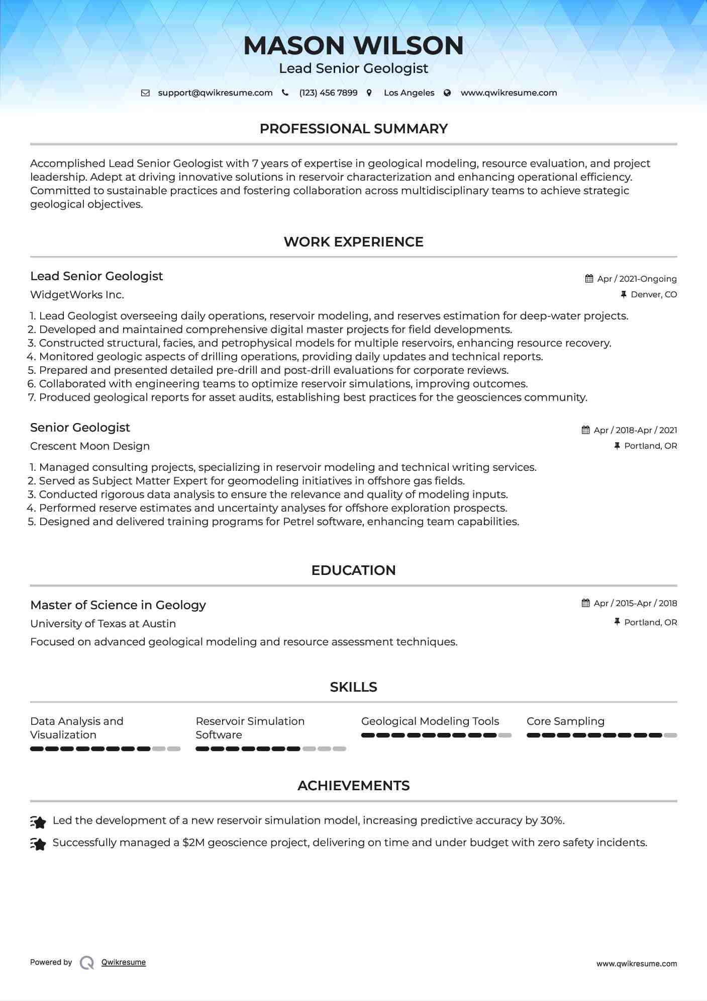 Lead Senior Geologist Resume Model