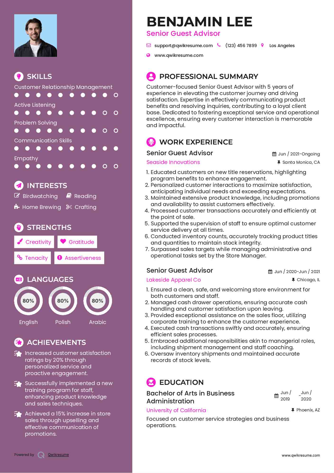 Senior Guest Advisor Resume Format