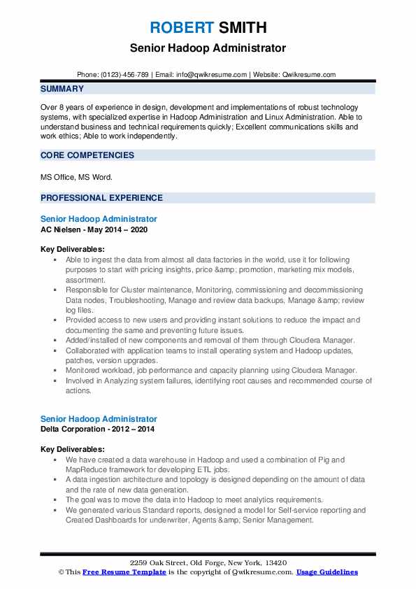 Senior Hadoop Administrator Resume Samples QwikResume