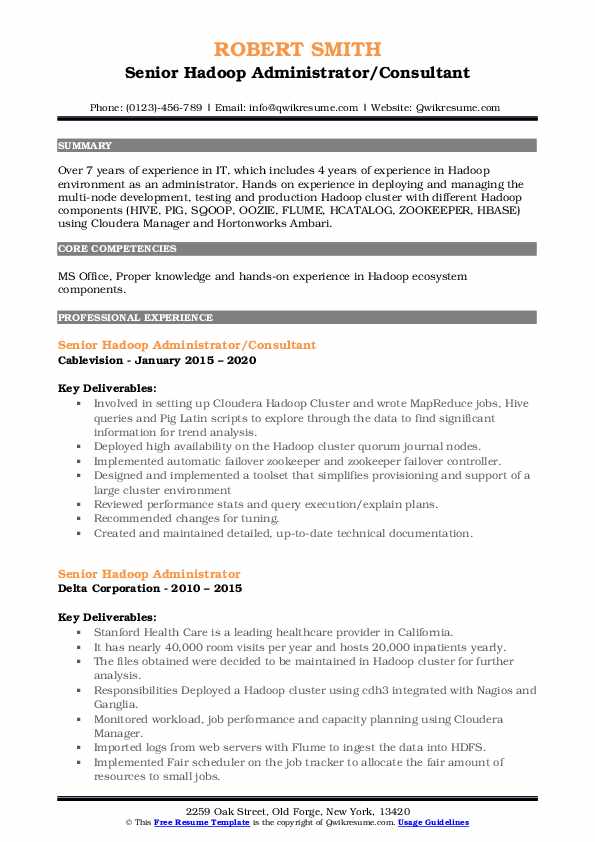 Senior Hadoop Administrator Resume Samples QwikResume