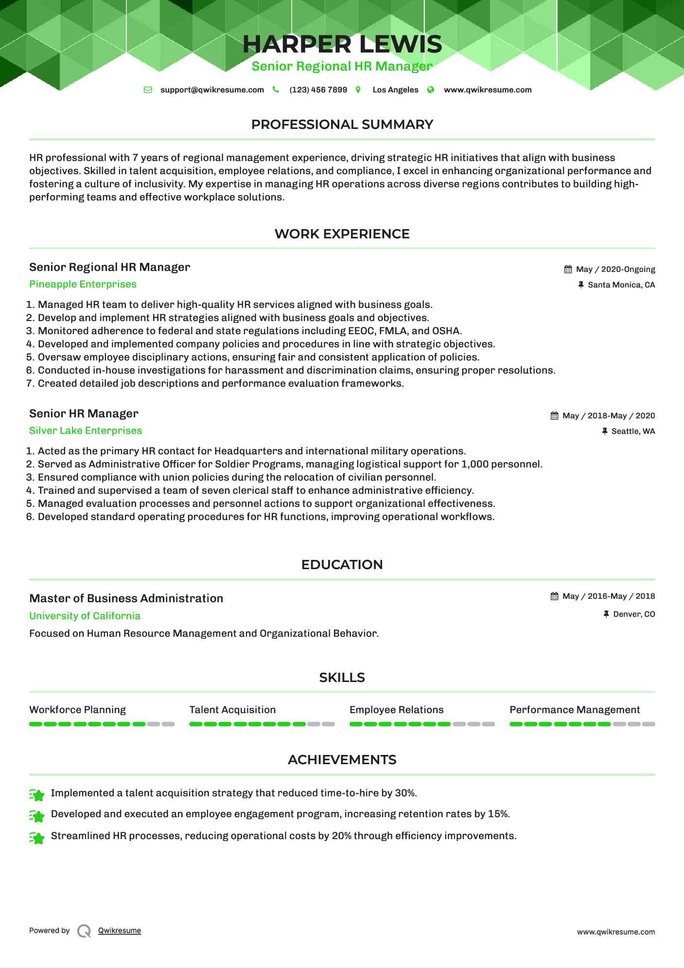 Senior Regional HR Manager Resume Format