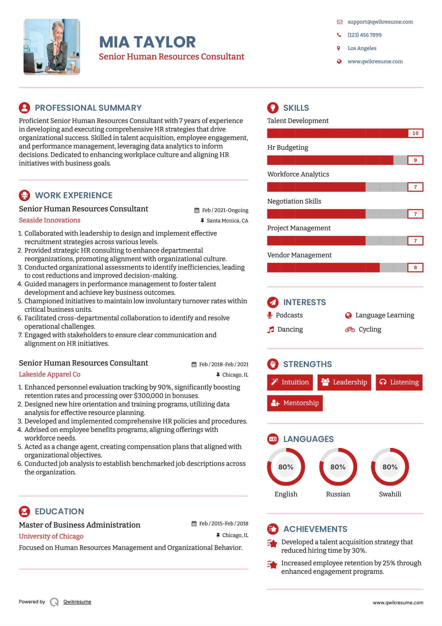 Senior Human Resources Consultant Resume Example