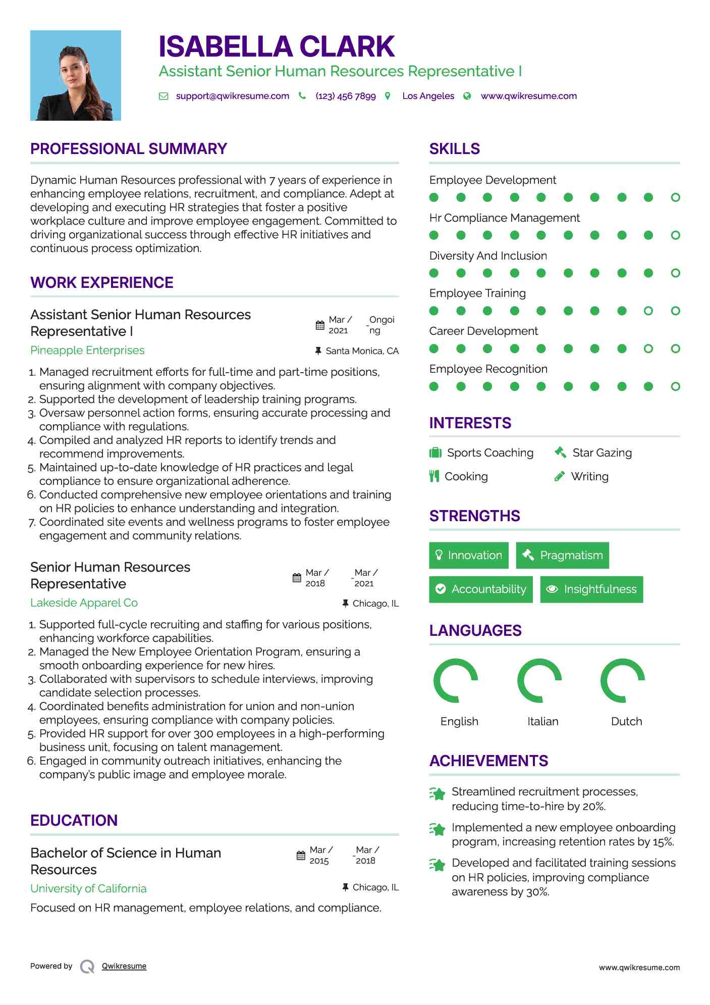 Assistant Senior Human Resources Representative I Resume Template