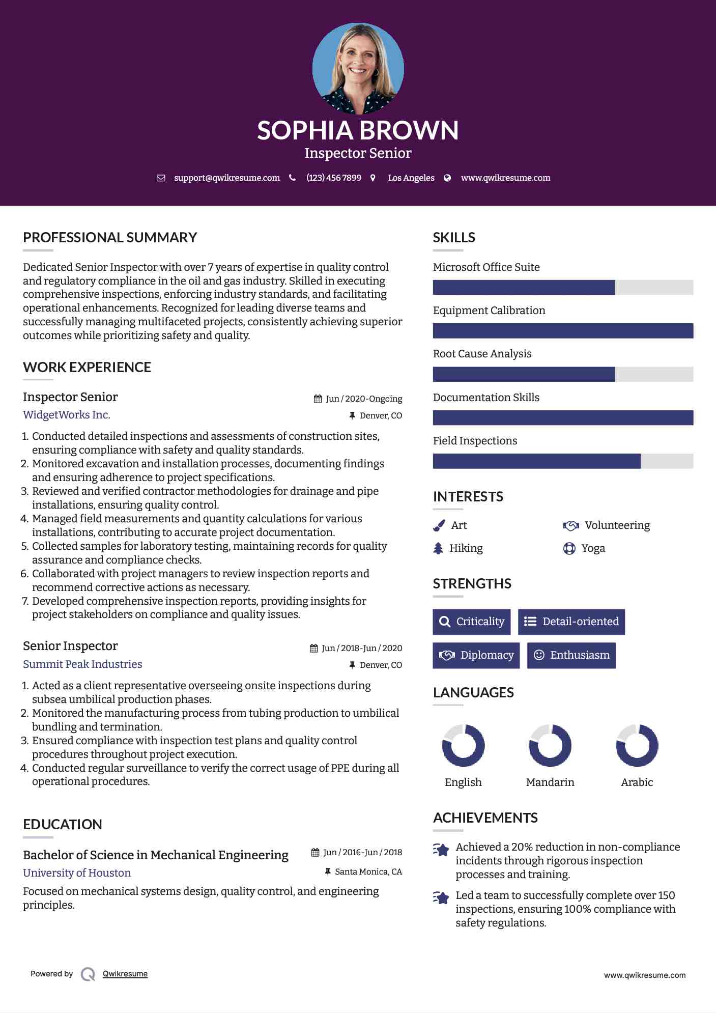 Inspector Senior Resume Format