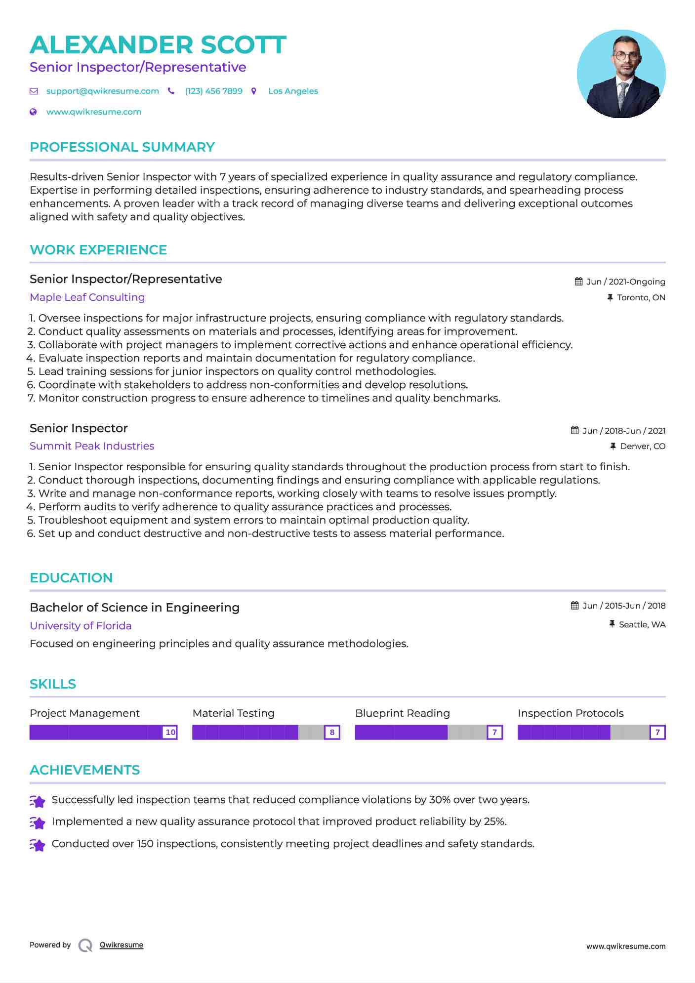 Senior Inspector/Representative Resume Template