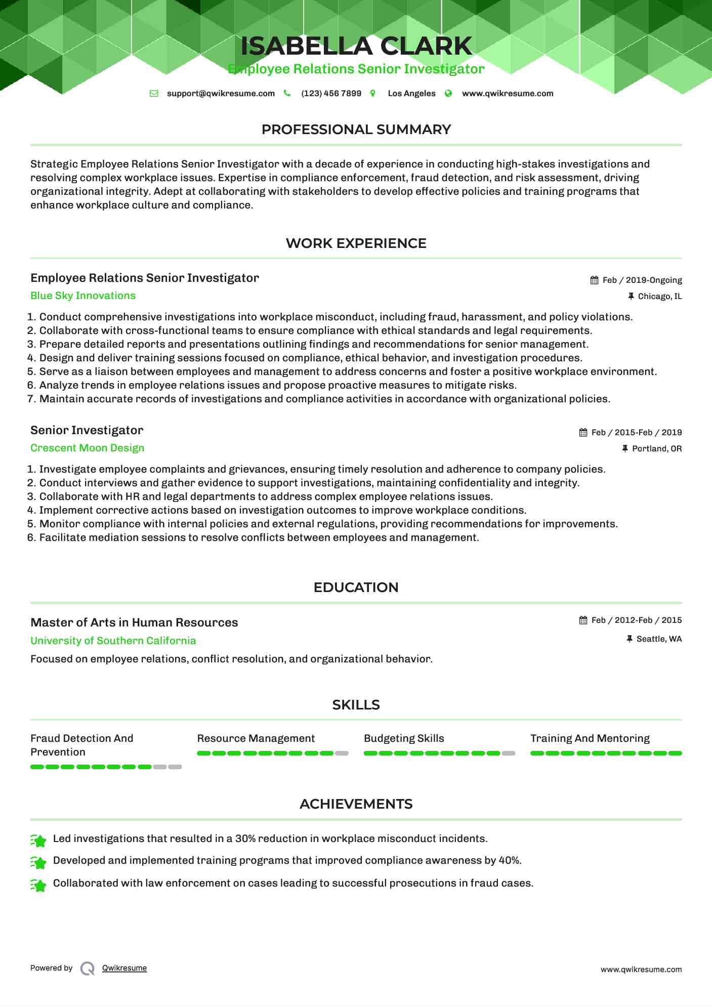 Employee Relations Senior Investigator Resume Example