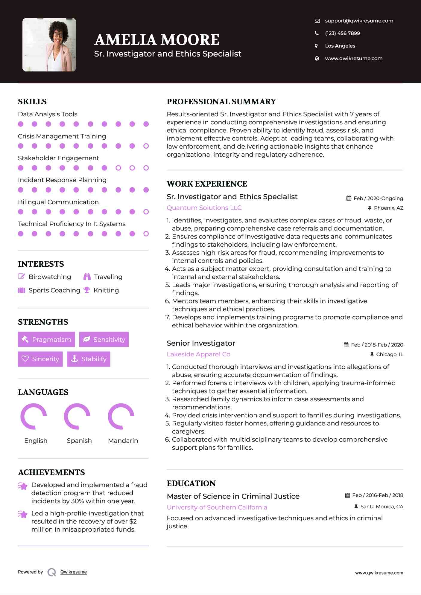Sr. Investigator and Ethics Specialist
 Resume Template