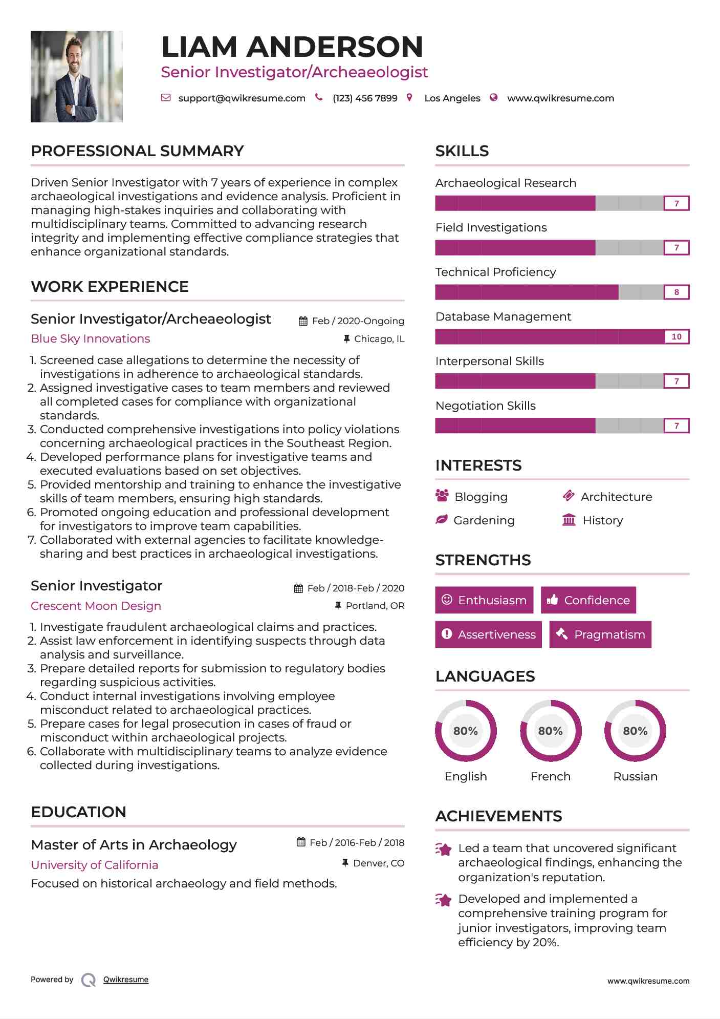 Senior Investigator/Archeaeologist Resume Sample