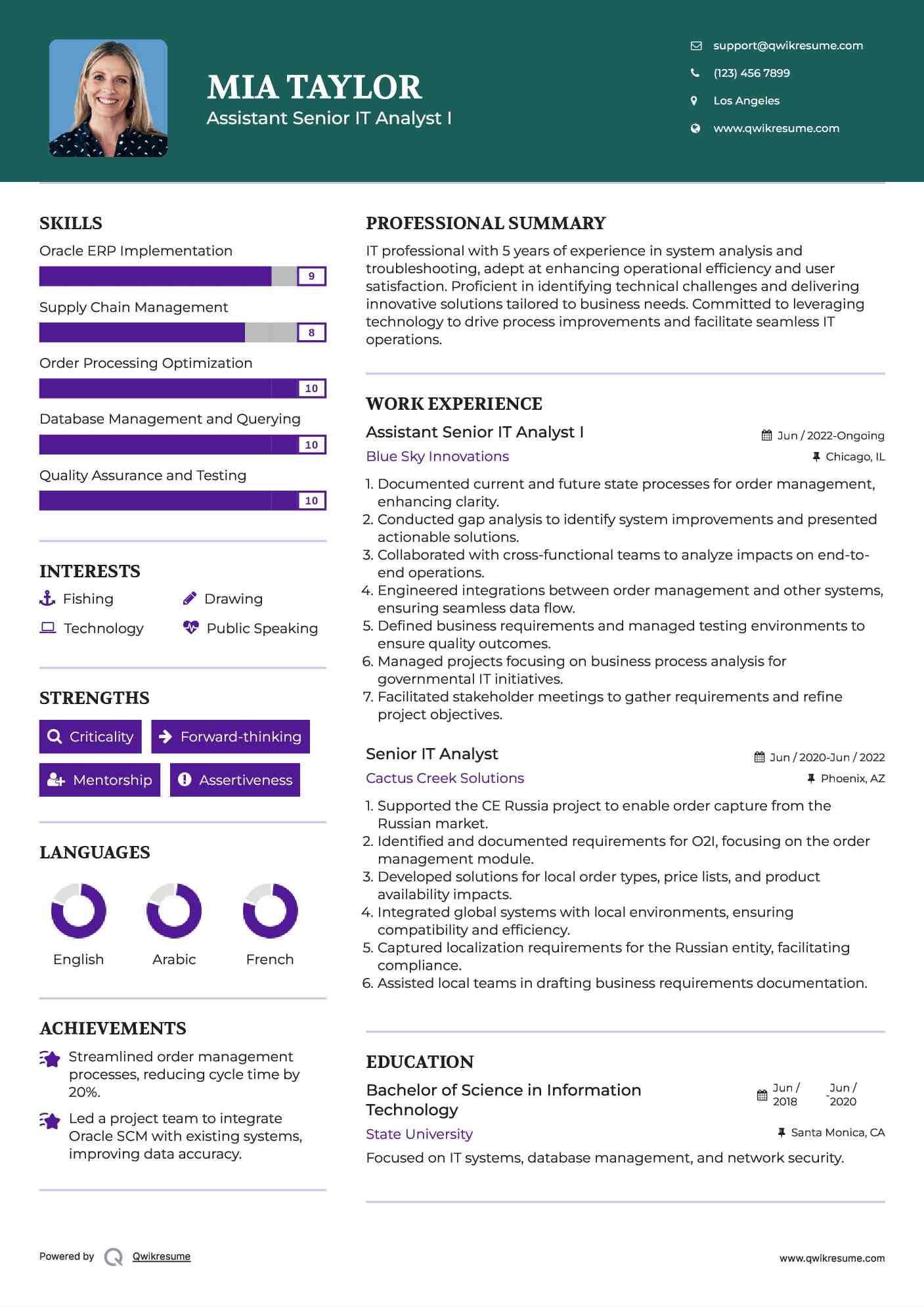 Assistant Senior IT Analyst I Resume Format