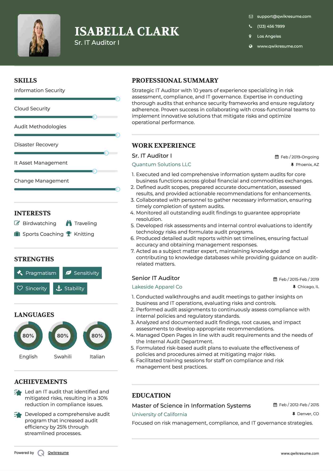 Sr. IT Auditor I Resume Sample