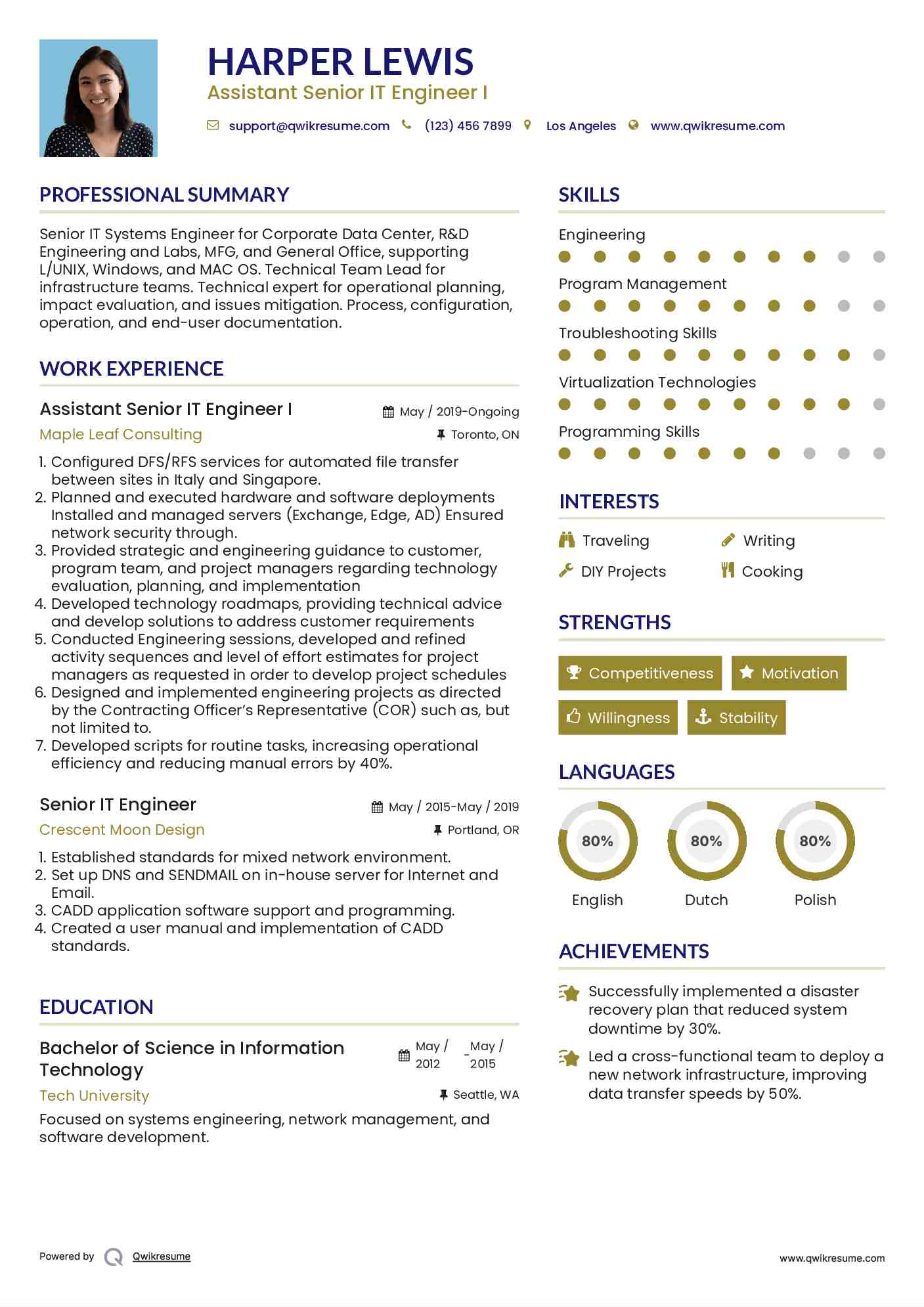 Assistant Senior IT Engineer I Resume Example