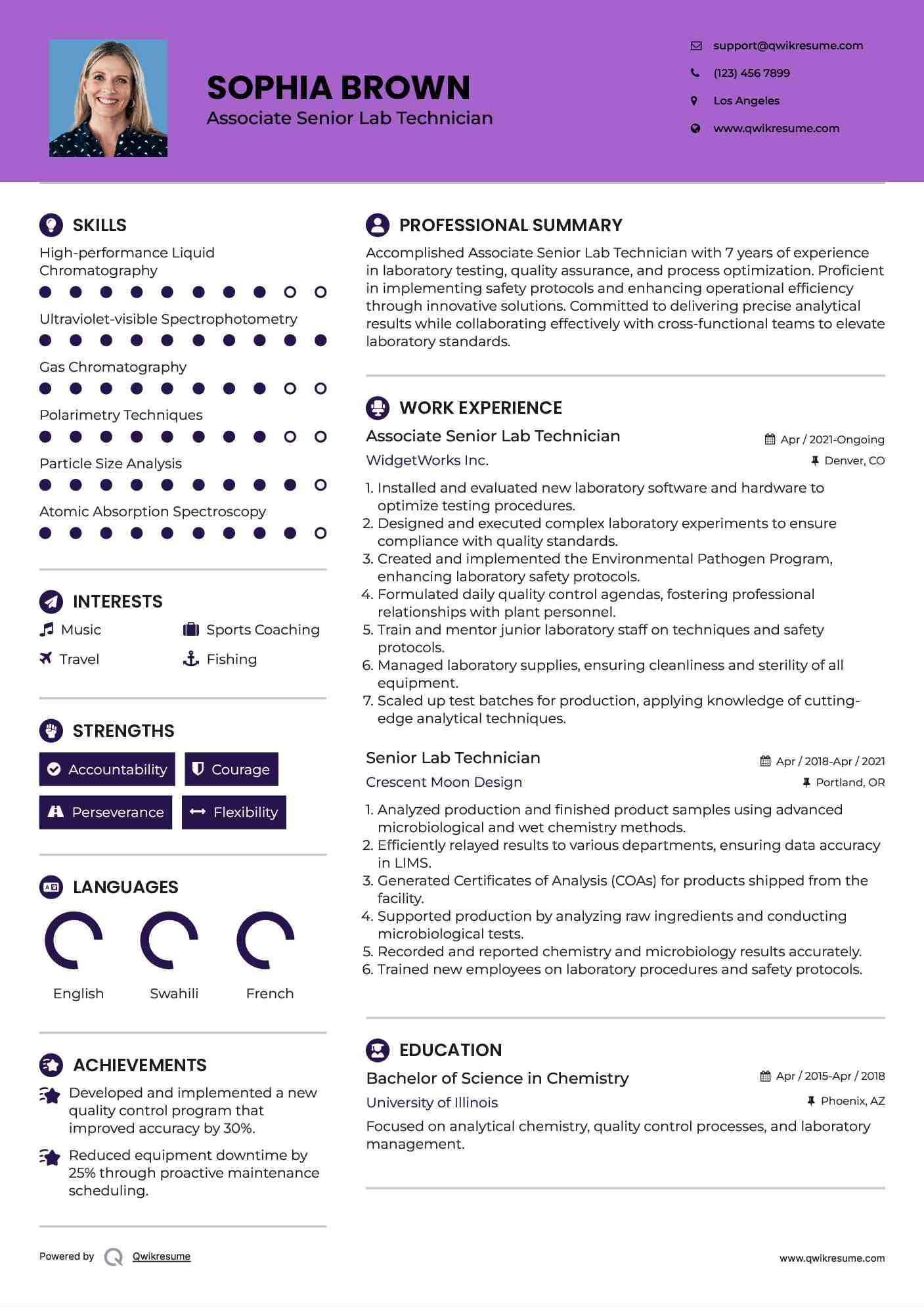 Associate Senior Lab Technician Resume Sample