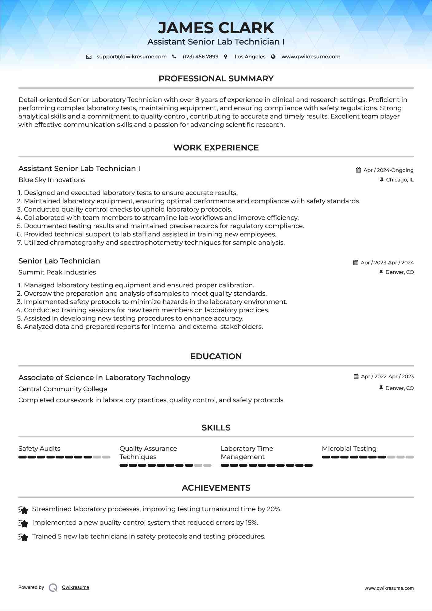 Assistant Senior Lab Technician I Resume Sample