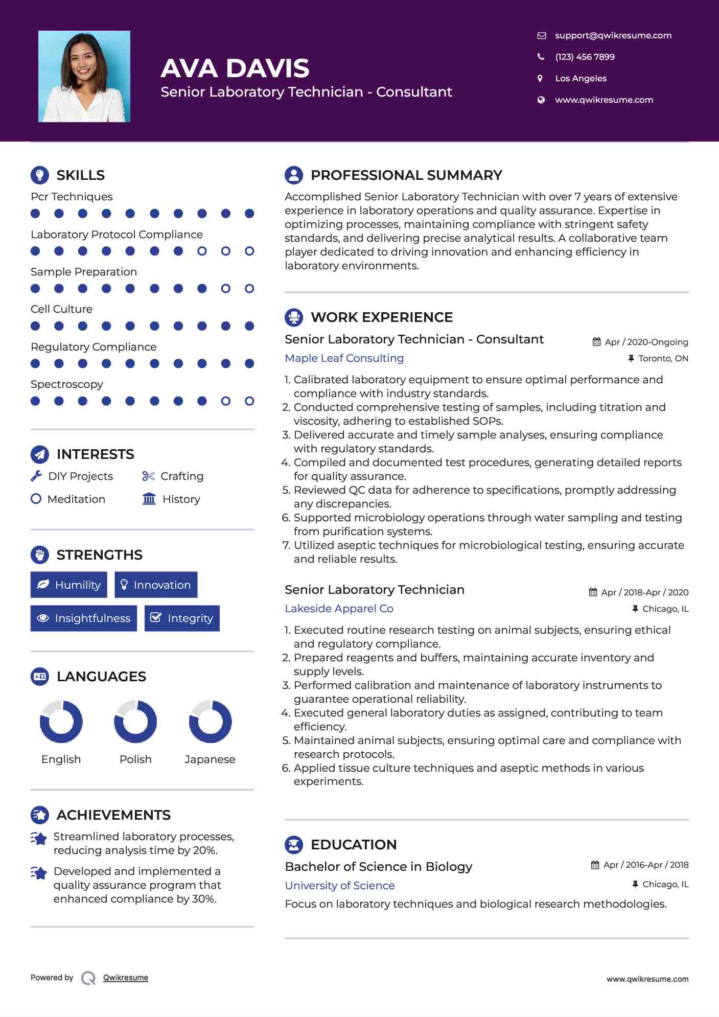 Senior Laboratory Technician - Consultant Resume Model