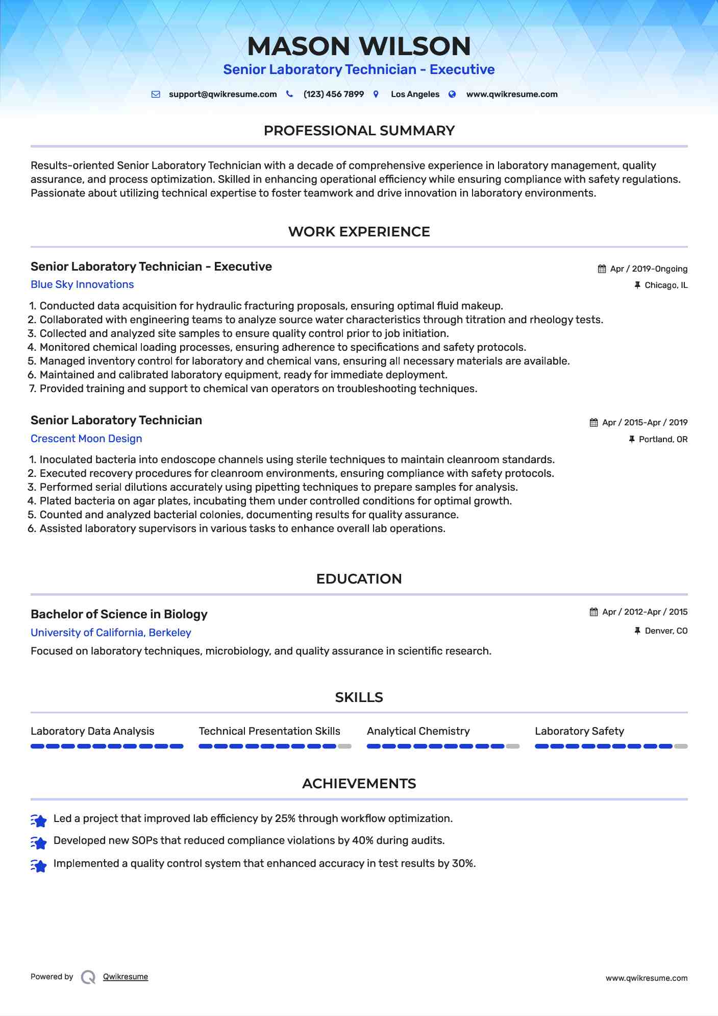Senior Laboratory Technician - Executive Resume Example