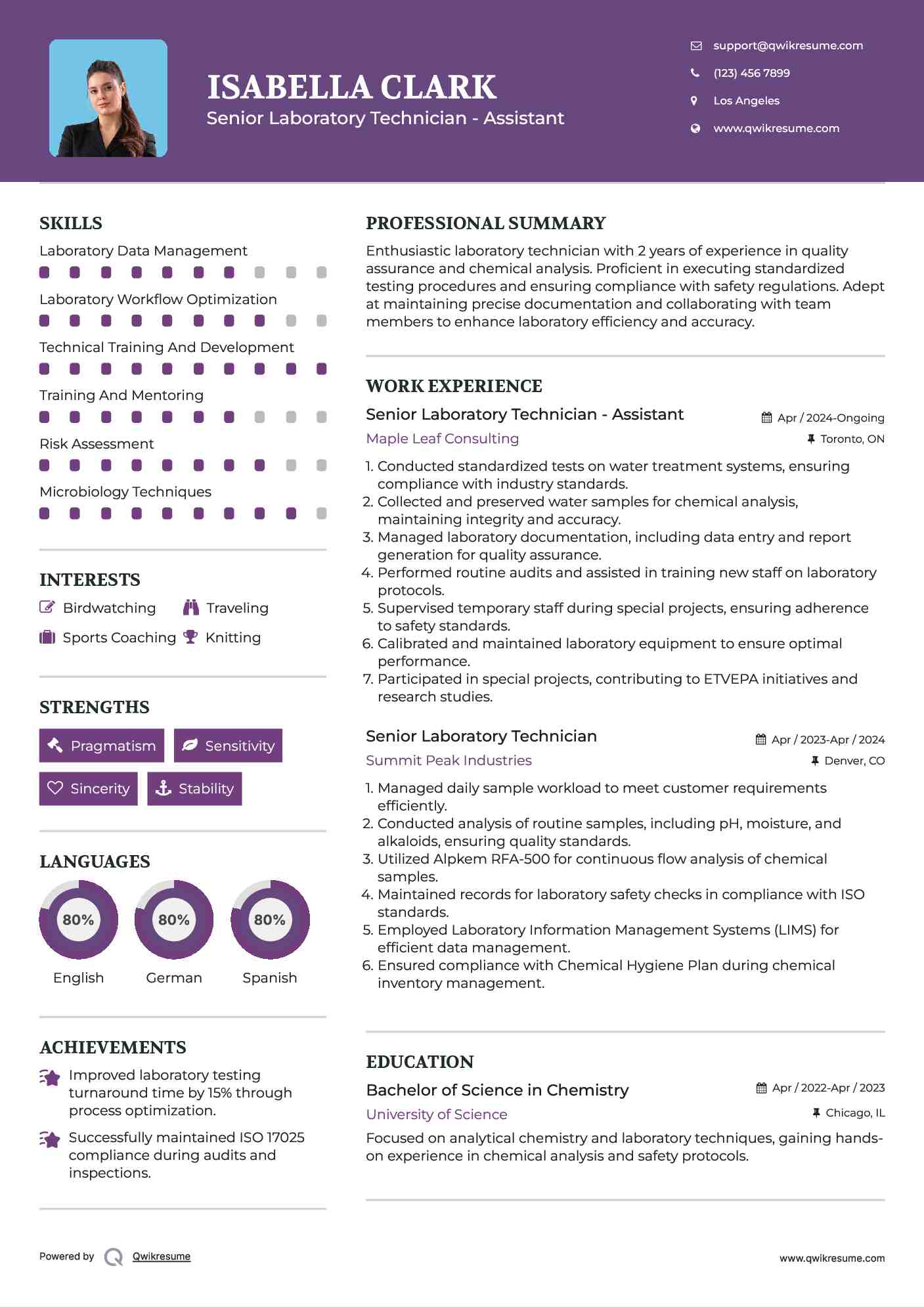 Senior Laboratory Technician - Assistant Resume Format