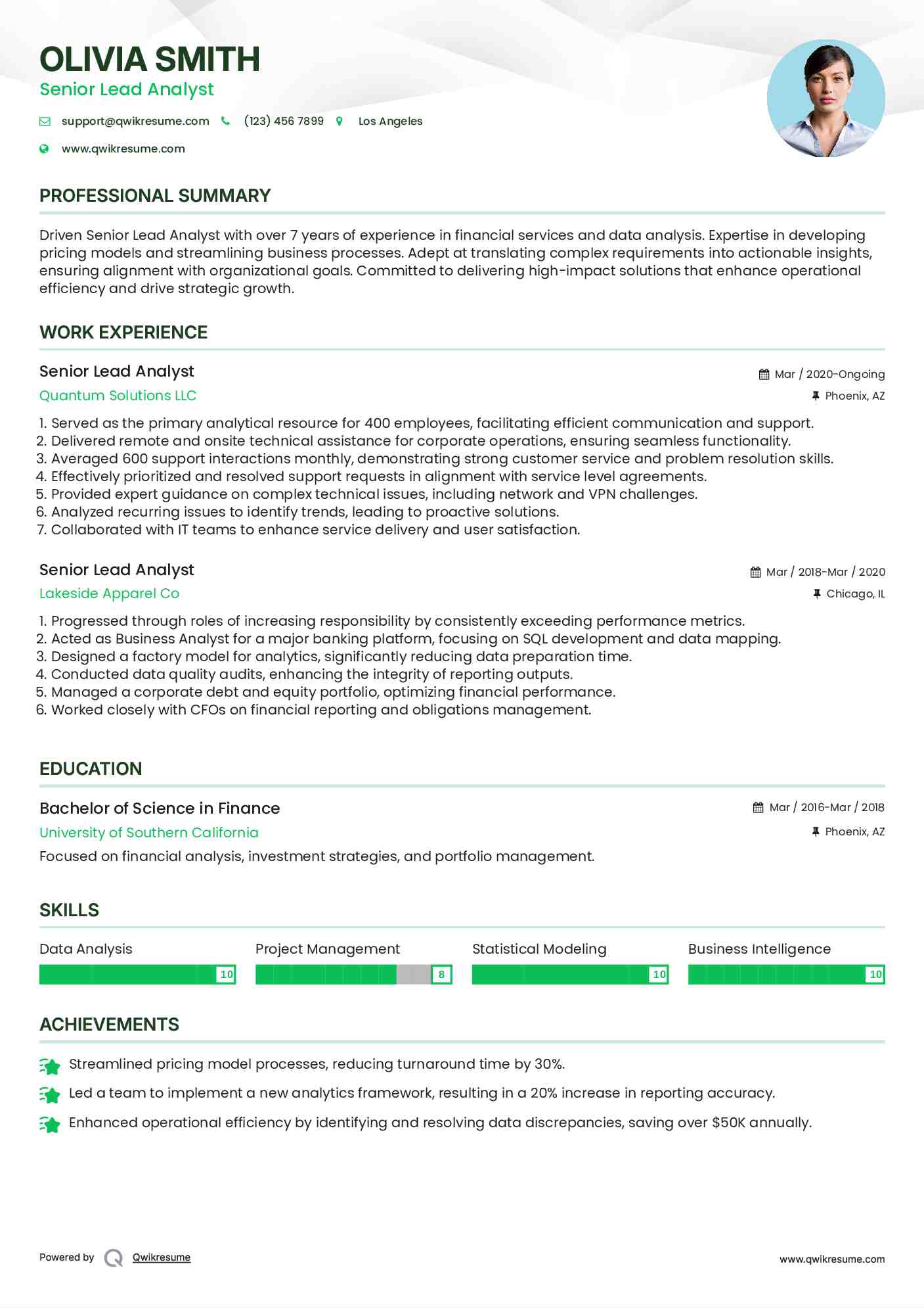 Senior Lead Analyst Resume Model