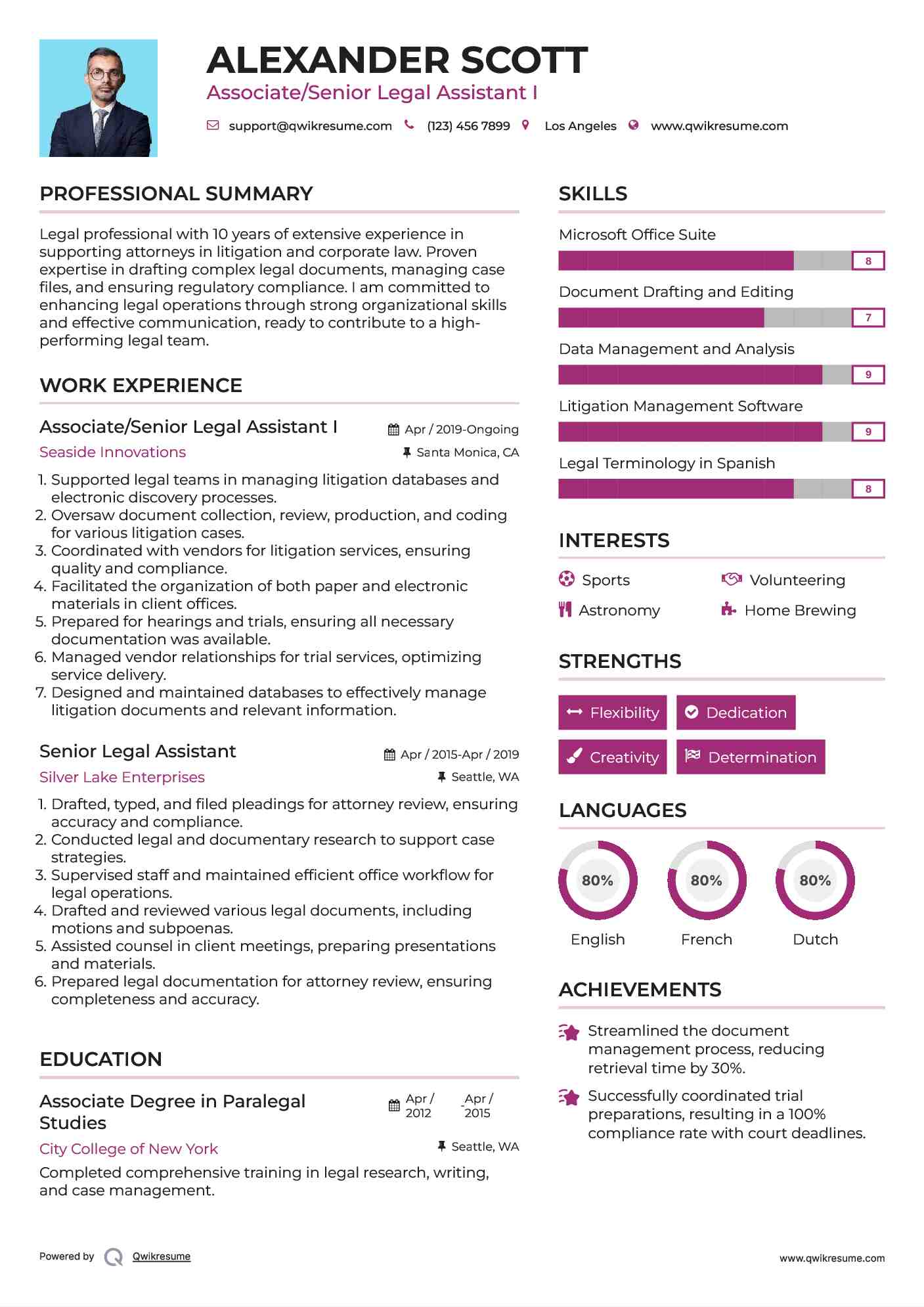 Associate/Senior Legal Assistant I Resume Format