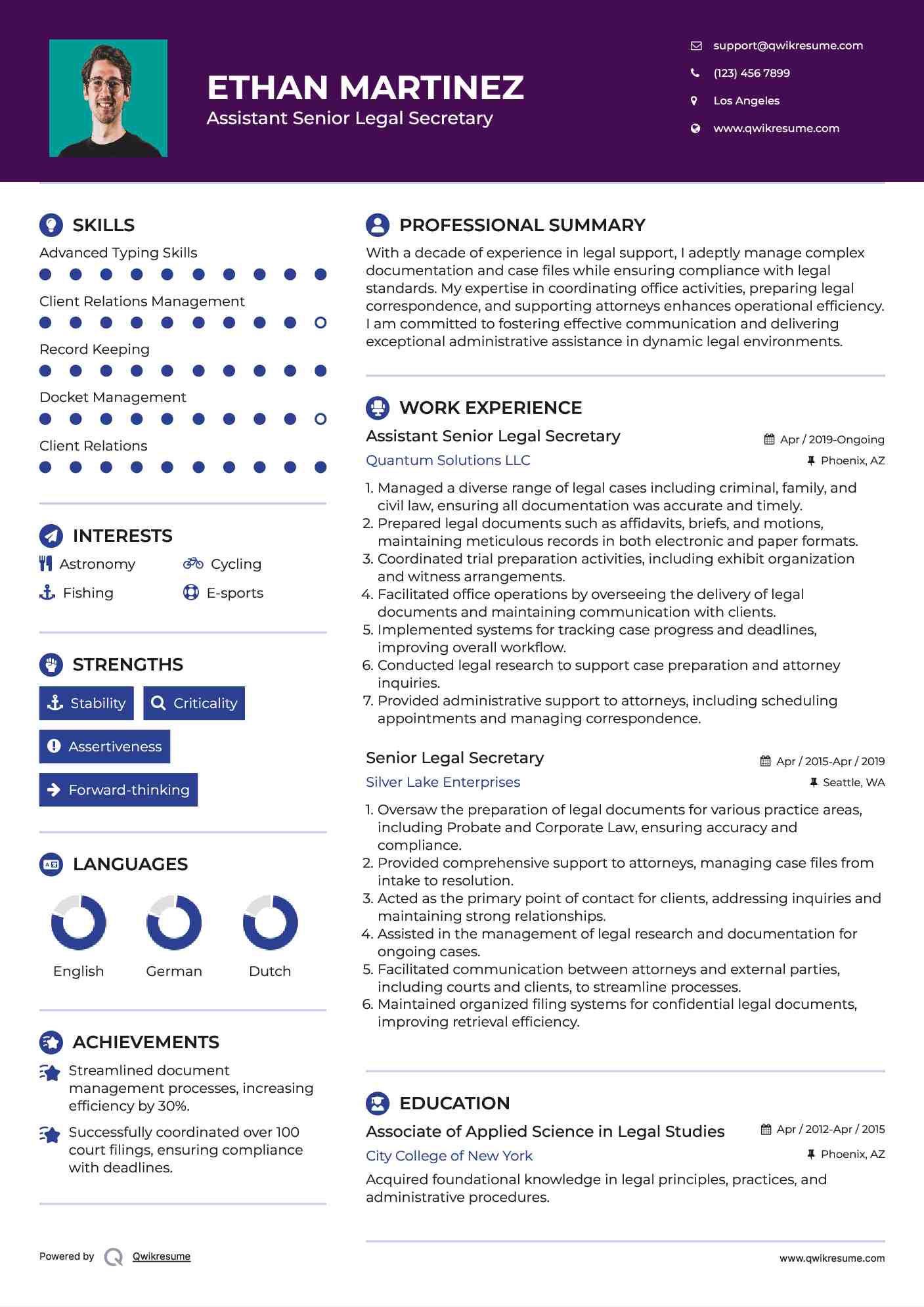 Assistant Senior Legal Secretary Resume Format