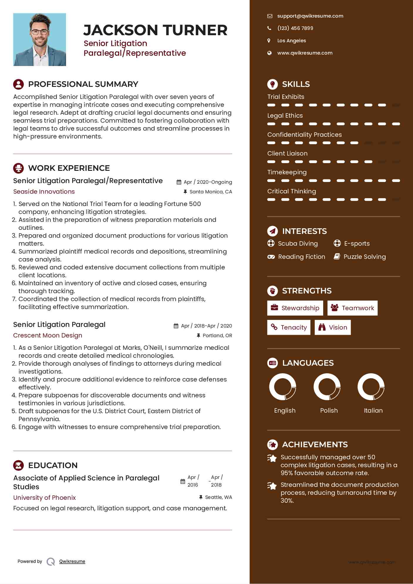 Senior Litigation Paralegal/Representative Resume Model