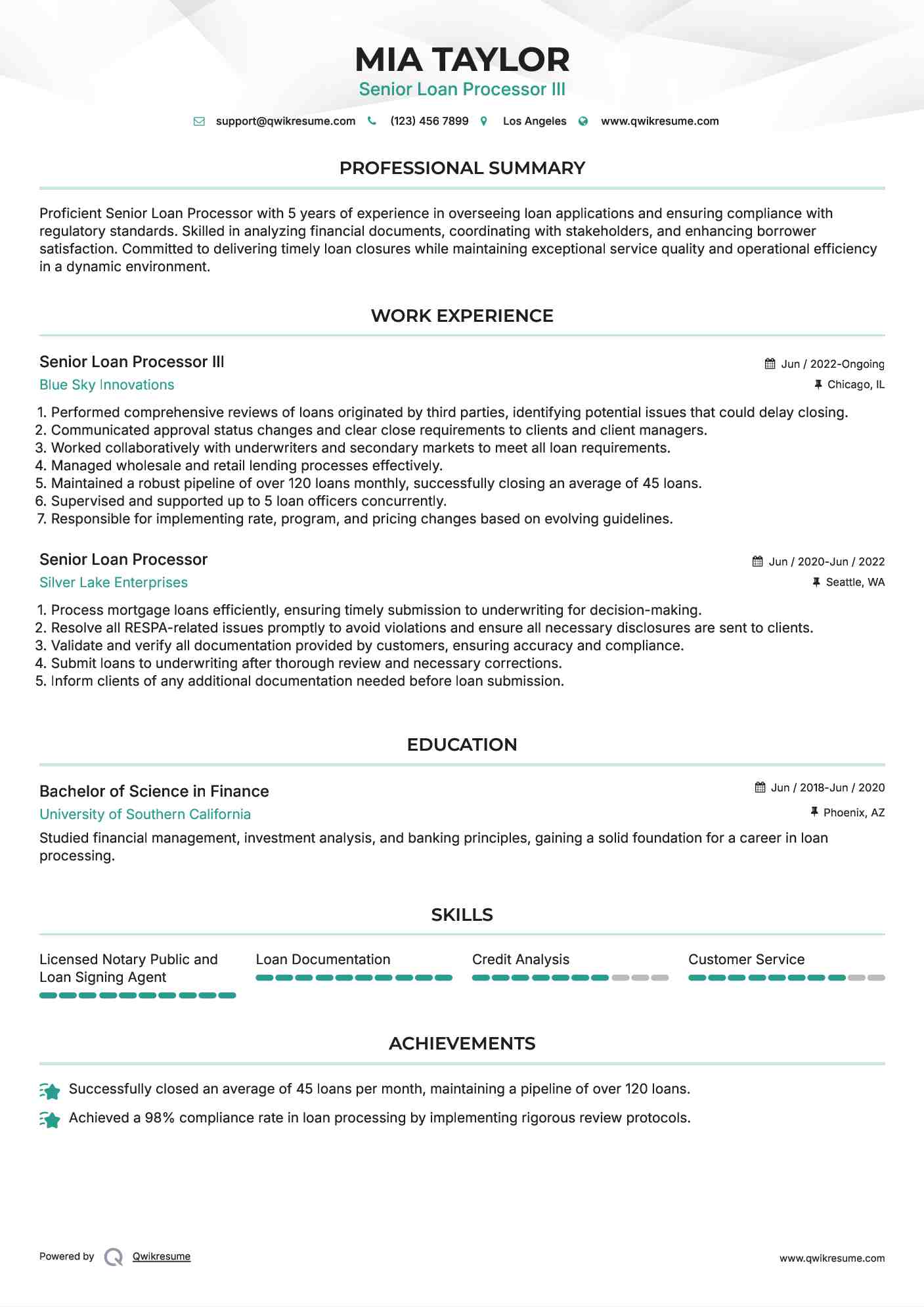 Senior Loan Processor III Resume Template