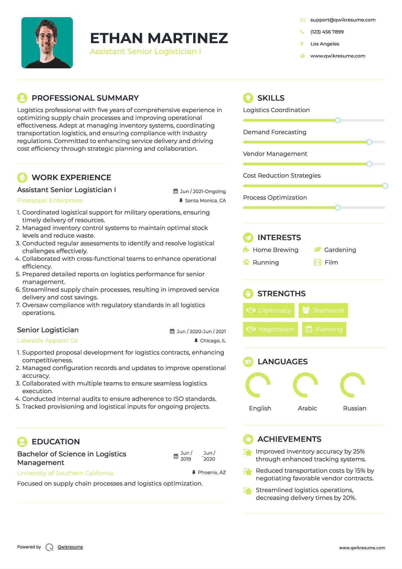 Assistant Senior Logistician I Resume Model