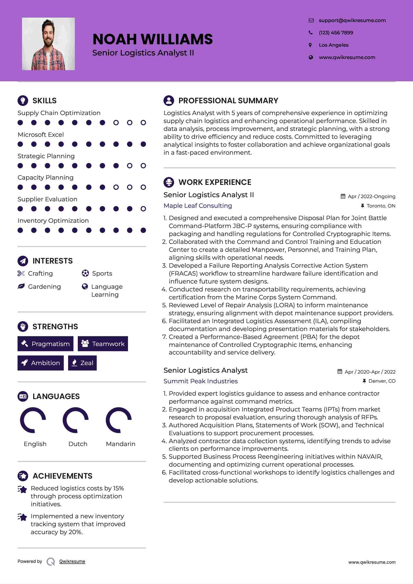 Senior Logistics Analyst II Resume Sample