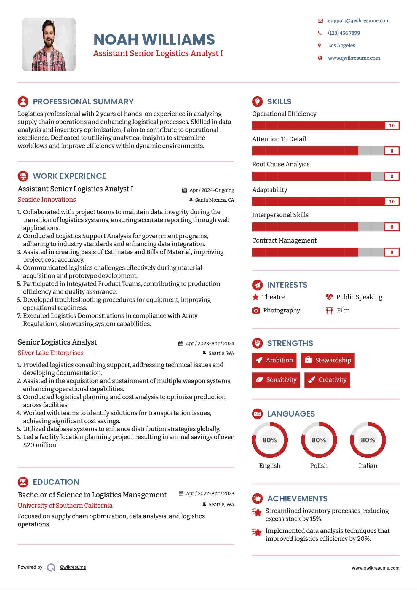 Assistant Senior Logistics Analyst I Resume Template