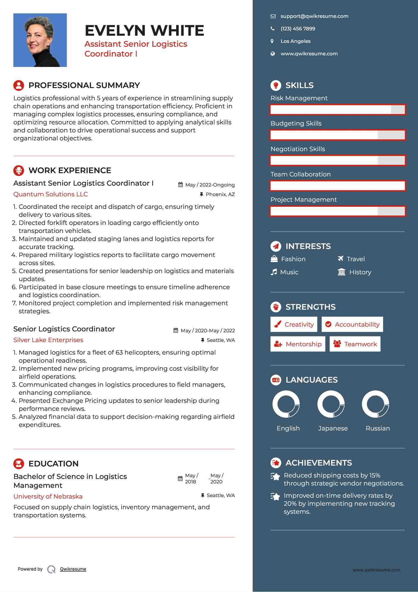 Assistant Senior Logistics Coordinator I Resume Sample