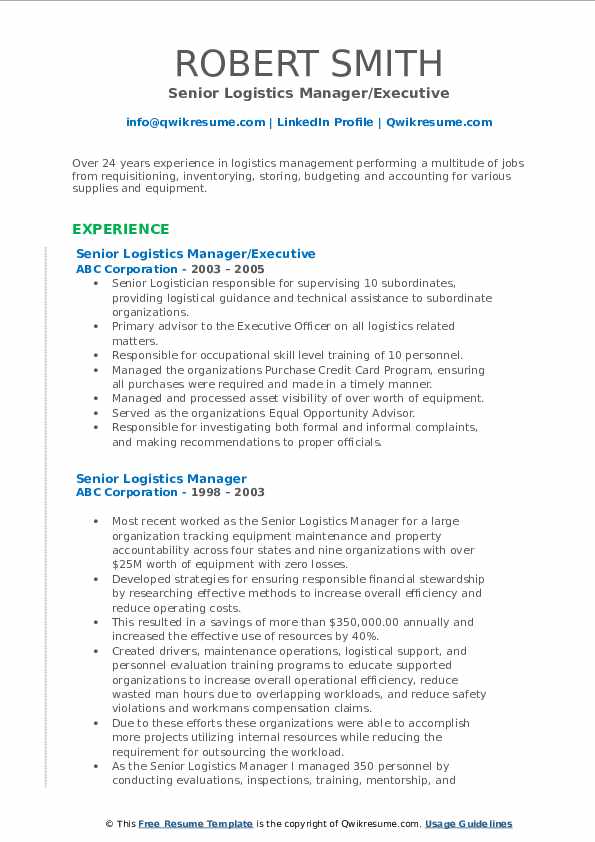 Senior Logistics Manager Resume Samples Qwikresume
