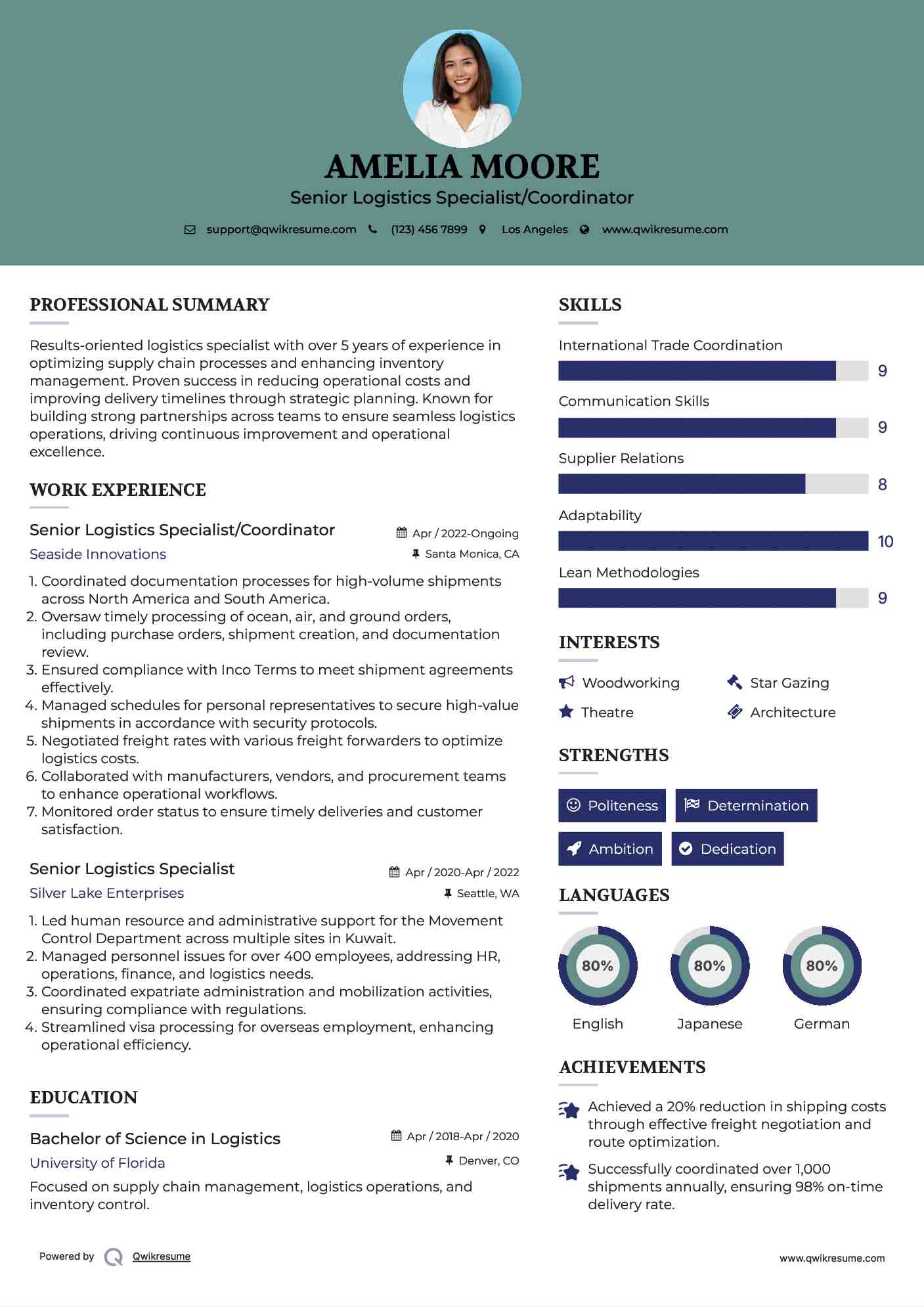 Senior Logistics Specialist/Coordinator Resume Sample