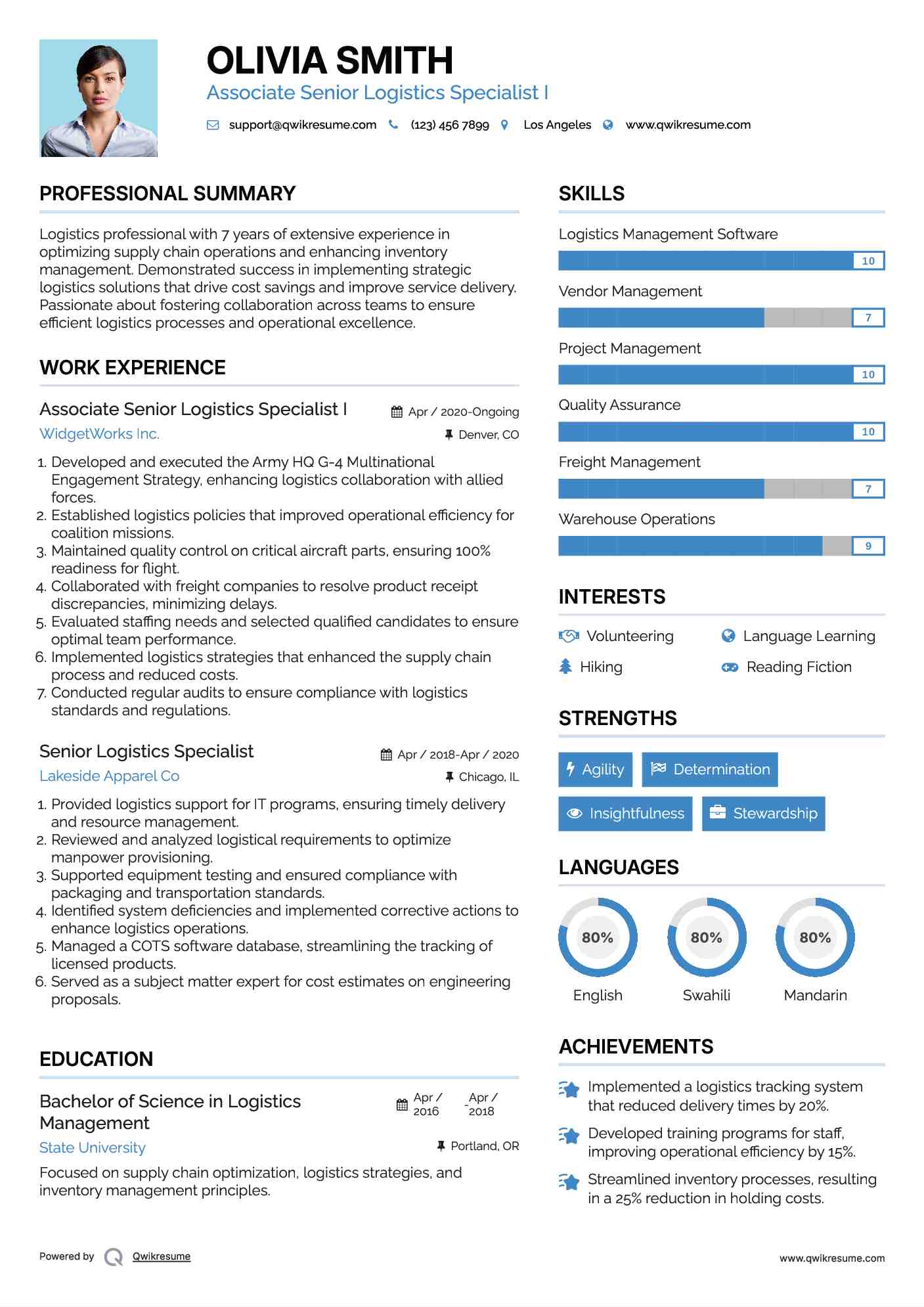 Associate Senior Logistics Specialist I Resume Example