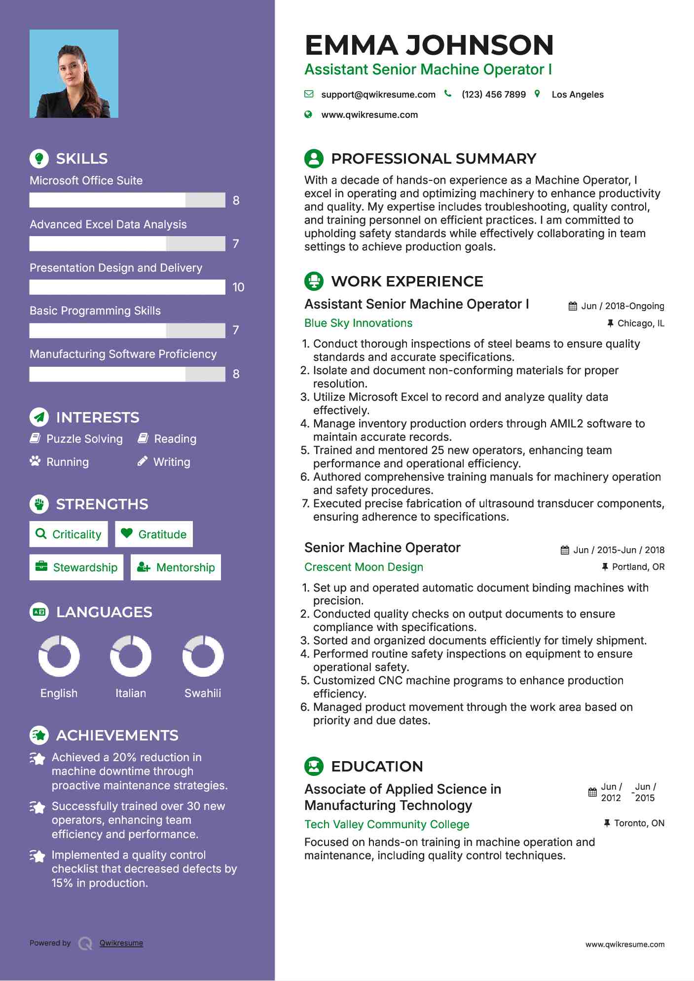 Assistant Senior Machine Operator I Resume Sample