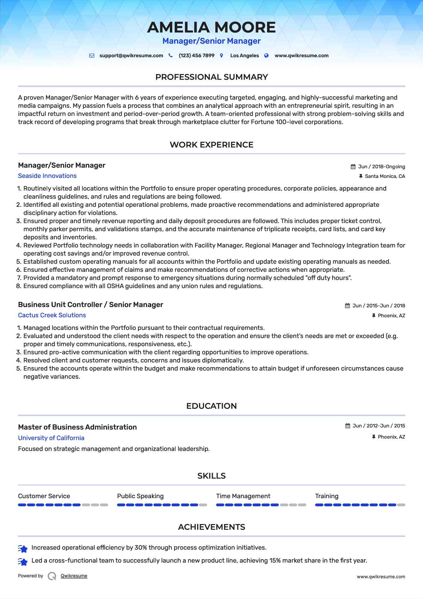 Manager/Senior Manager Resume Model