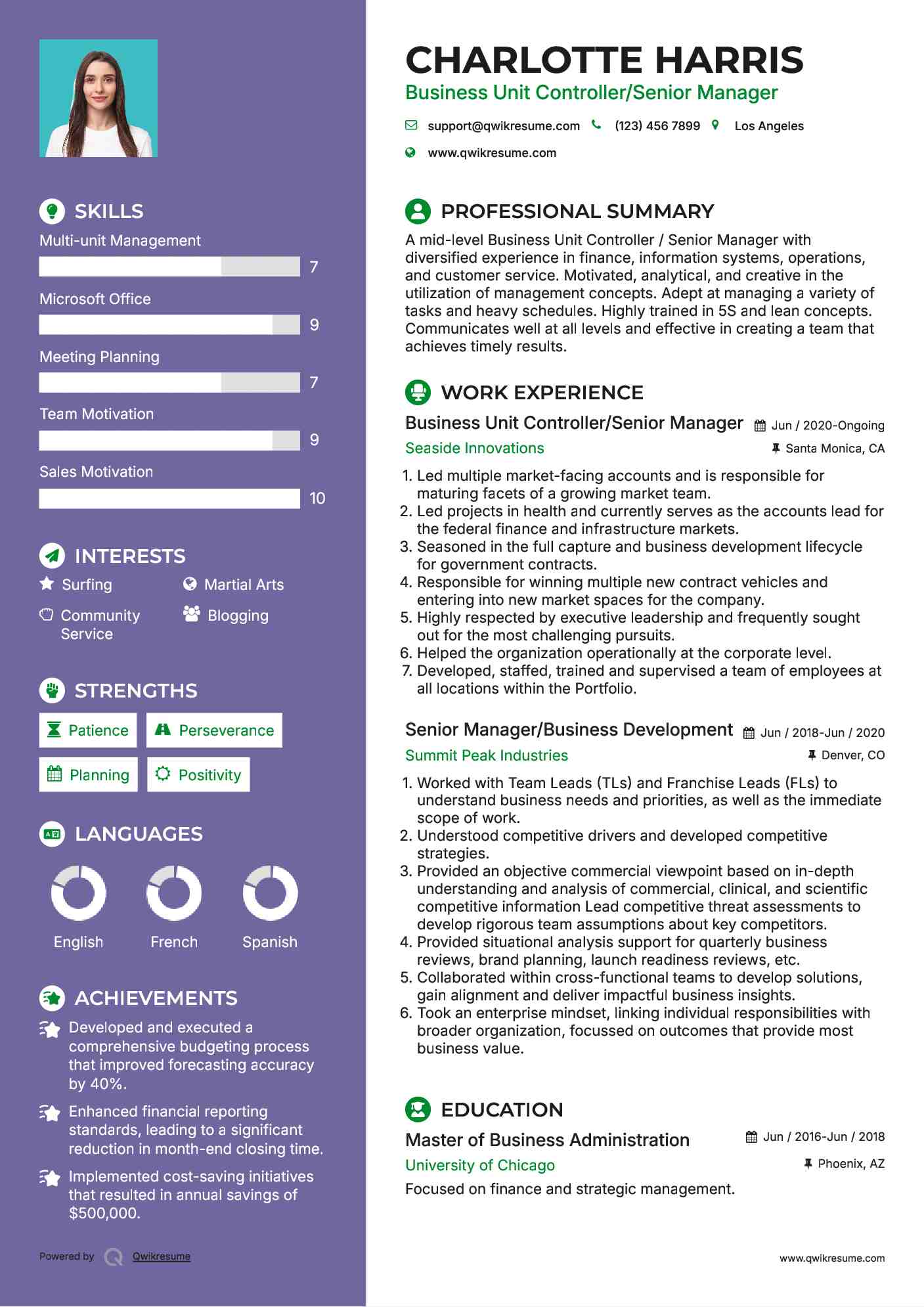 Business Unit Controller/Senior Manager Resume Model