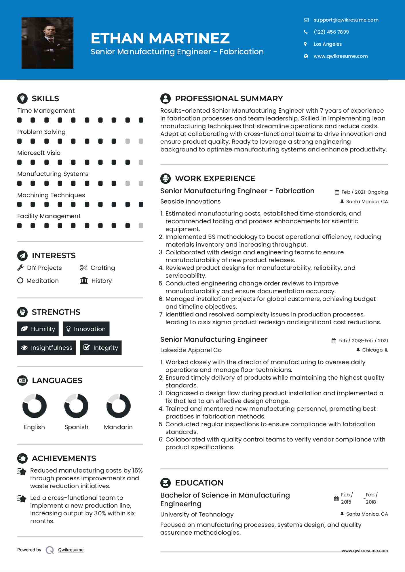Senior Manufacturing Engineer - Fabrication Resume Model