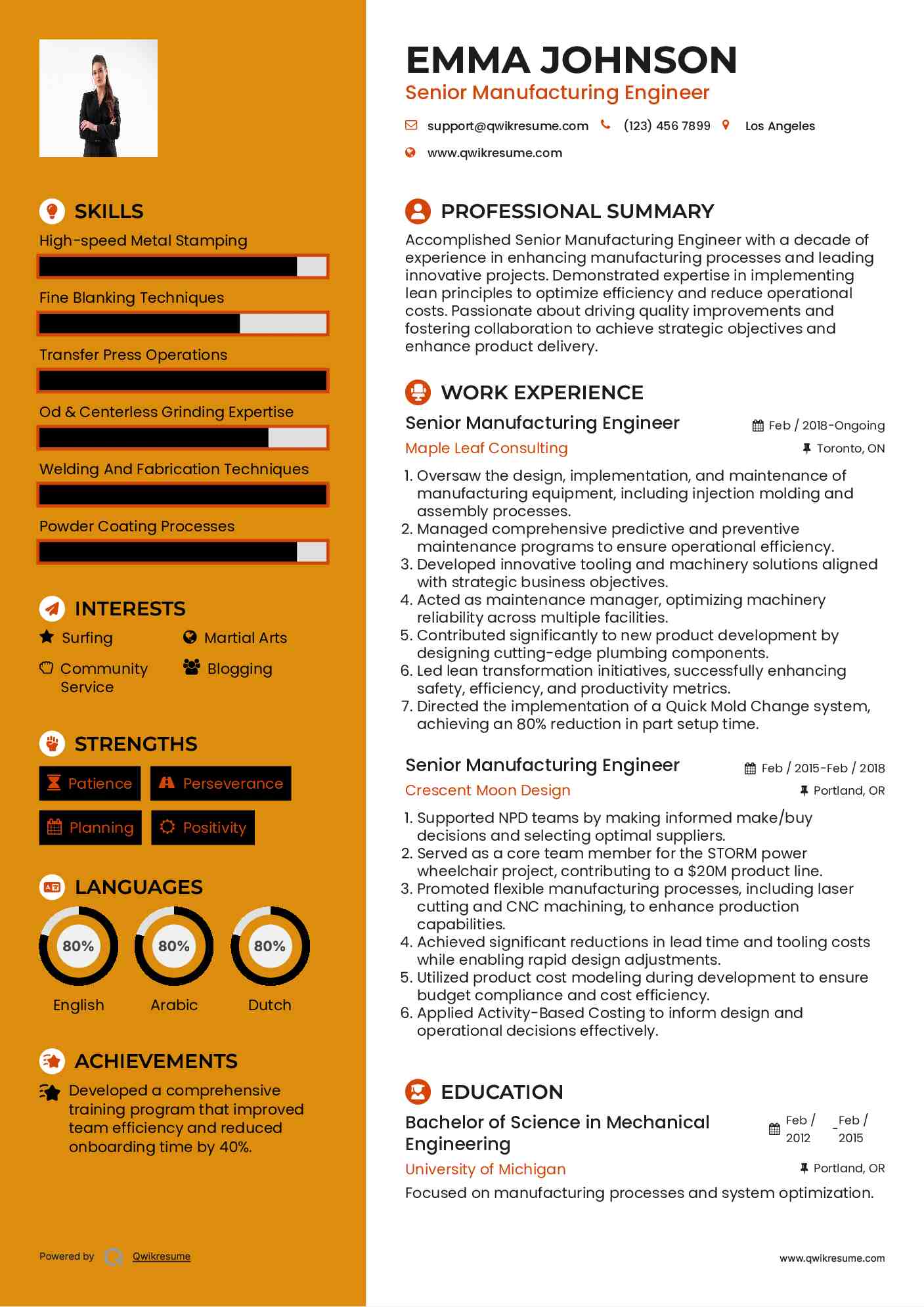 Senior Manufacturing Engineer Resume Template