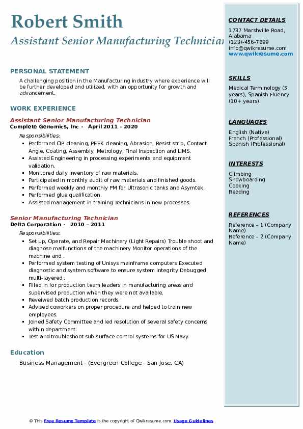 Senior Manufacturing Technician Resume Samples QwikResume