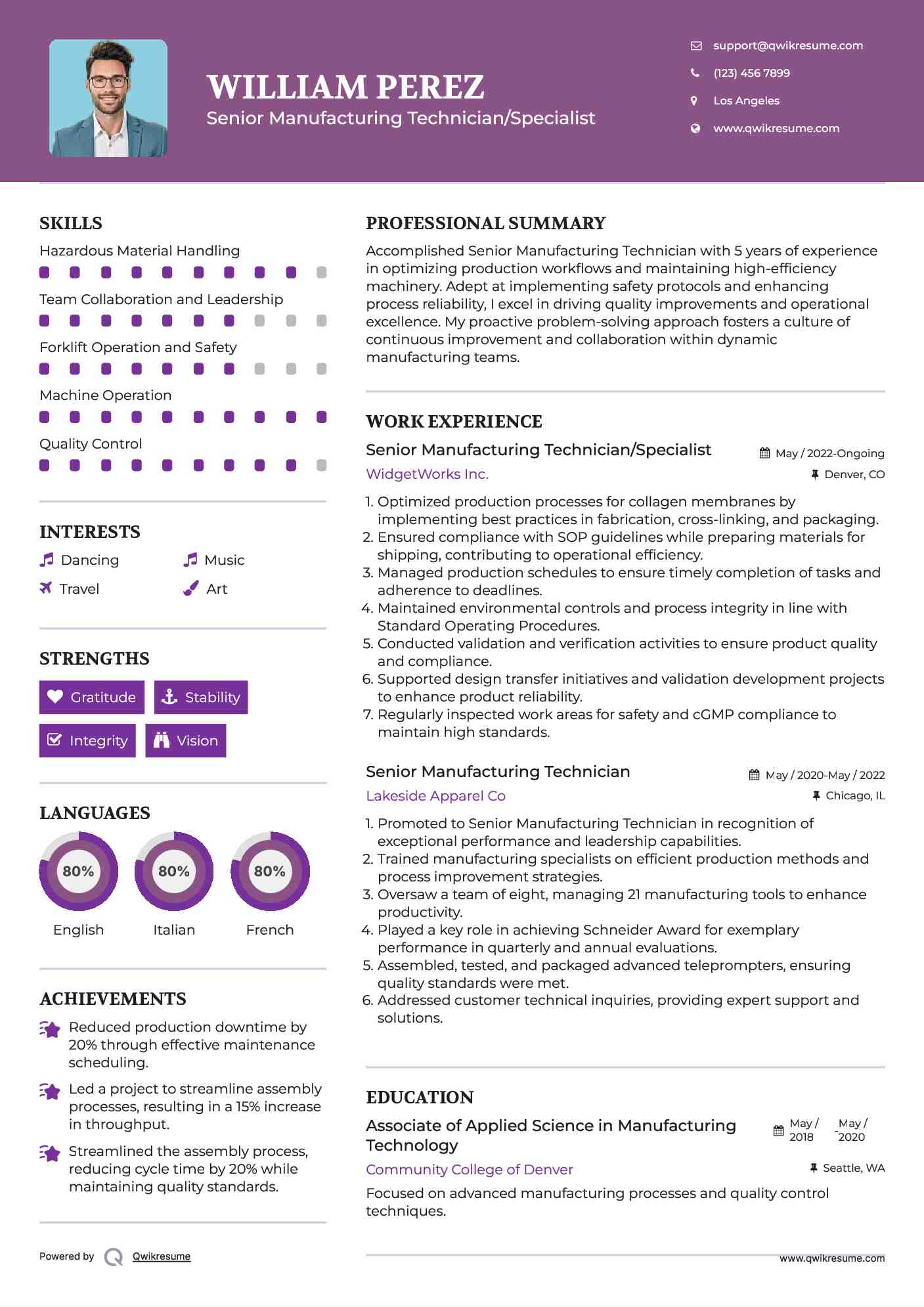 Senior Manufacturing Technician/Specialist Resume Sample