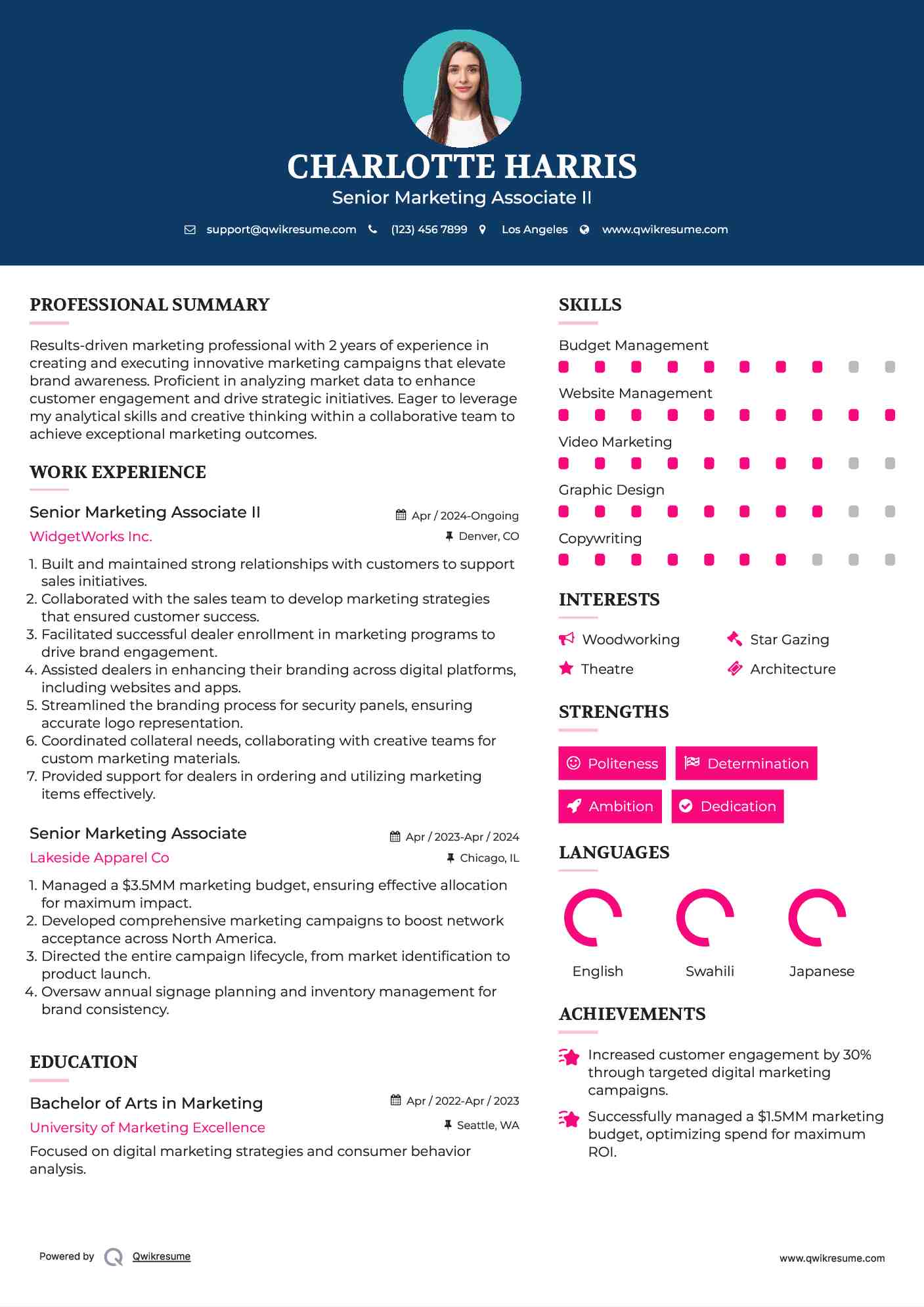 Senior Marketing Associate II Resume Example