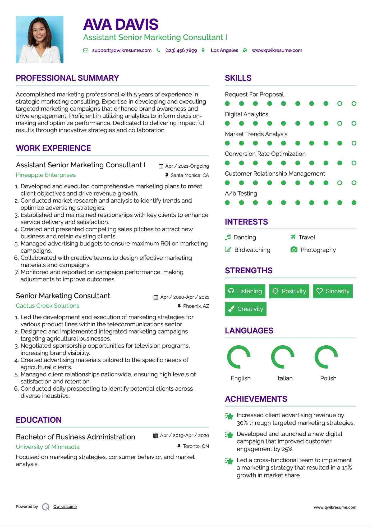 Assistant Senior Marketing Consultant I Resume Template