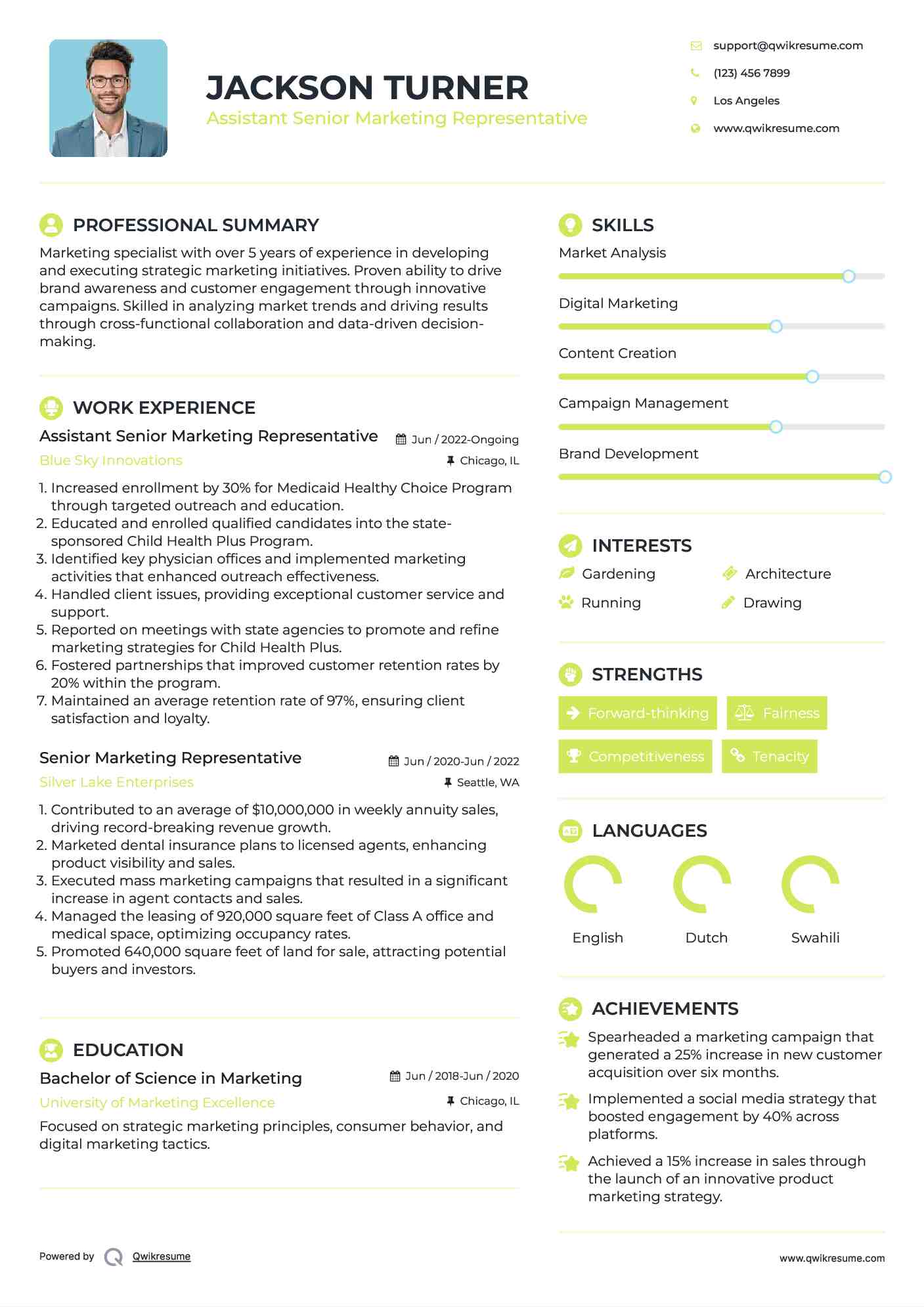 Assistant Senior Marketing Representative Resume Example