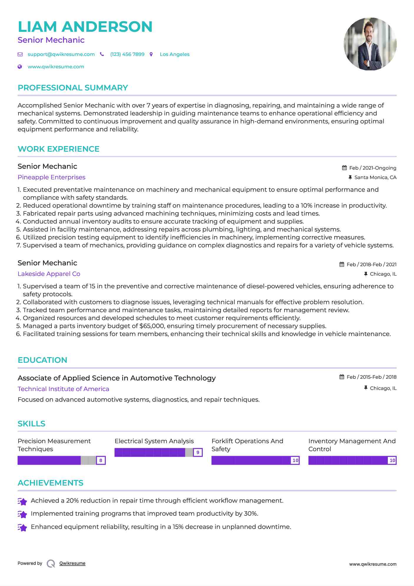 Senior Mechanic Resume Model