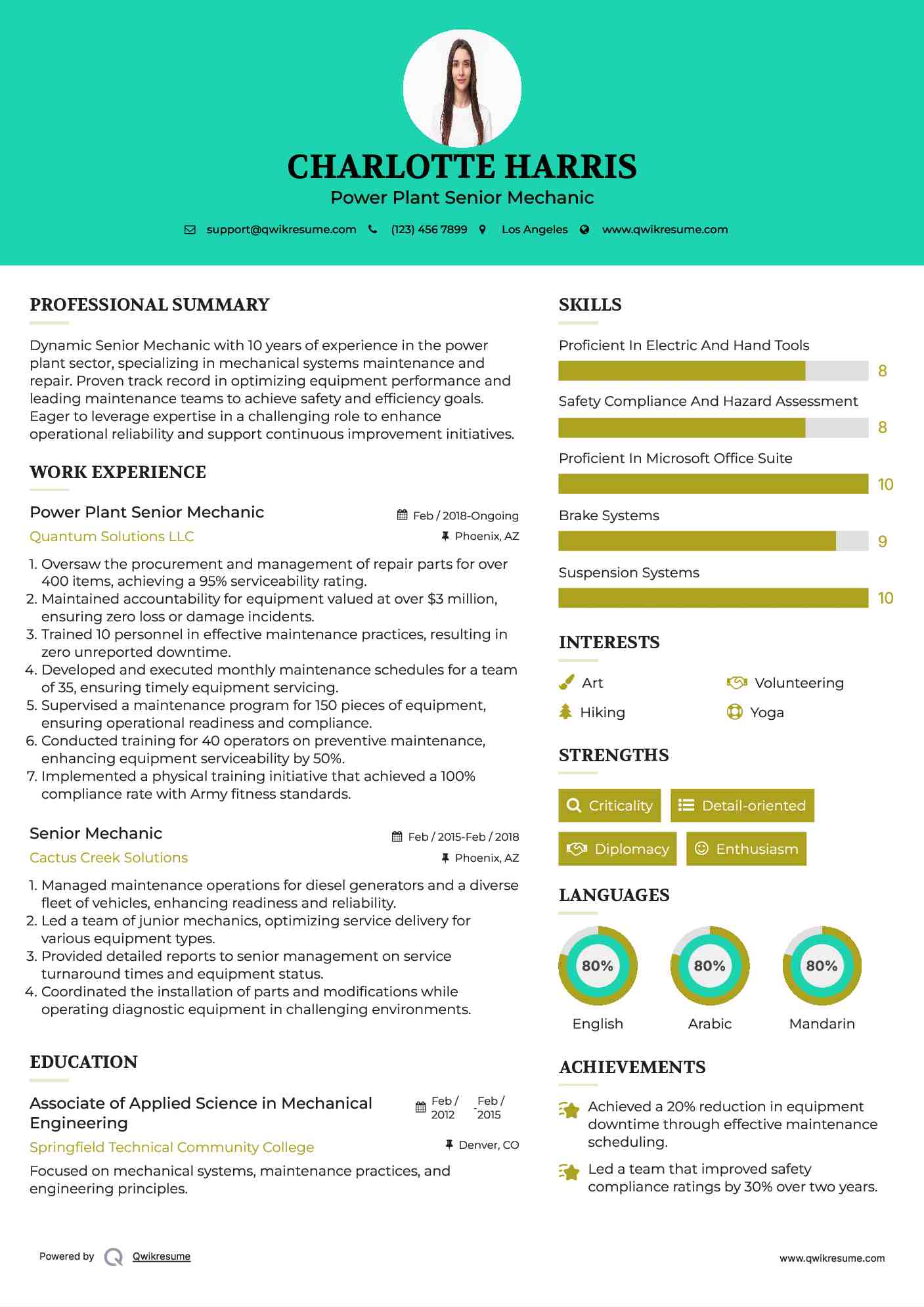 Power Plant Senior Mechanic Resume Model