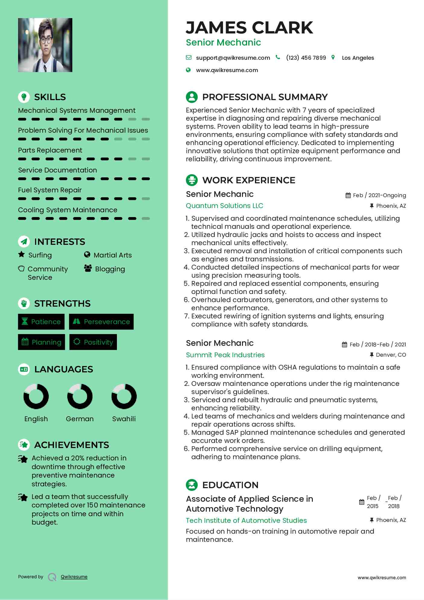 Senior Mechanic Resume Sample