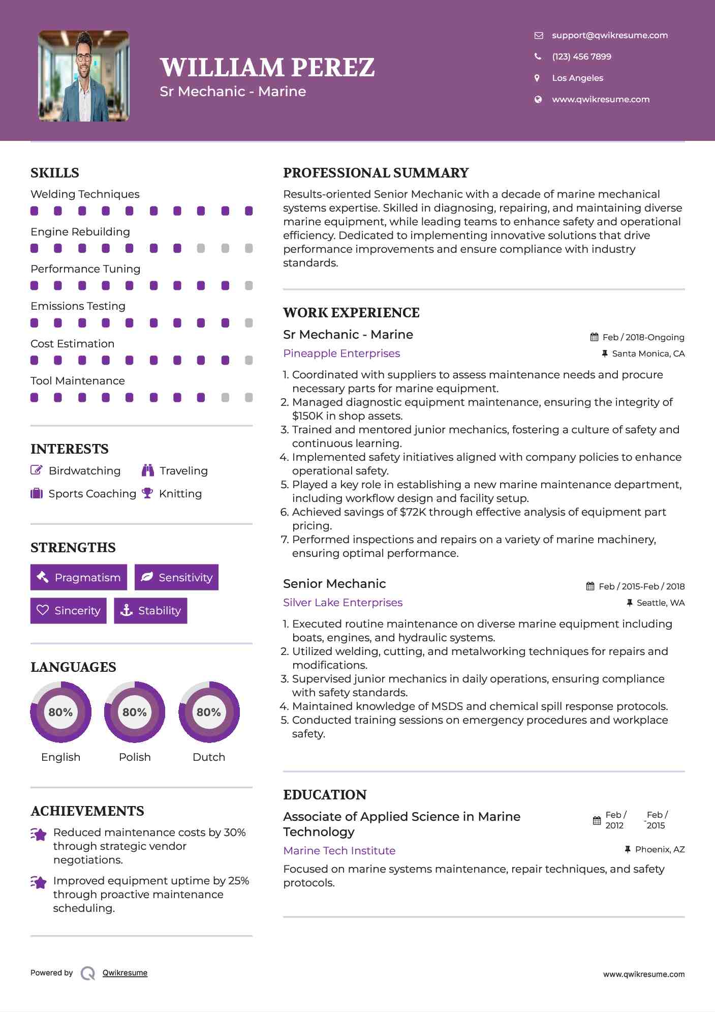 Sr Mechanic - Marine Resume Sample
