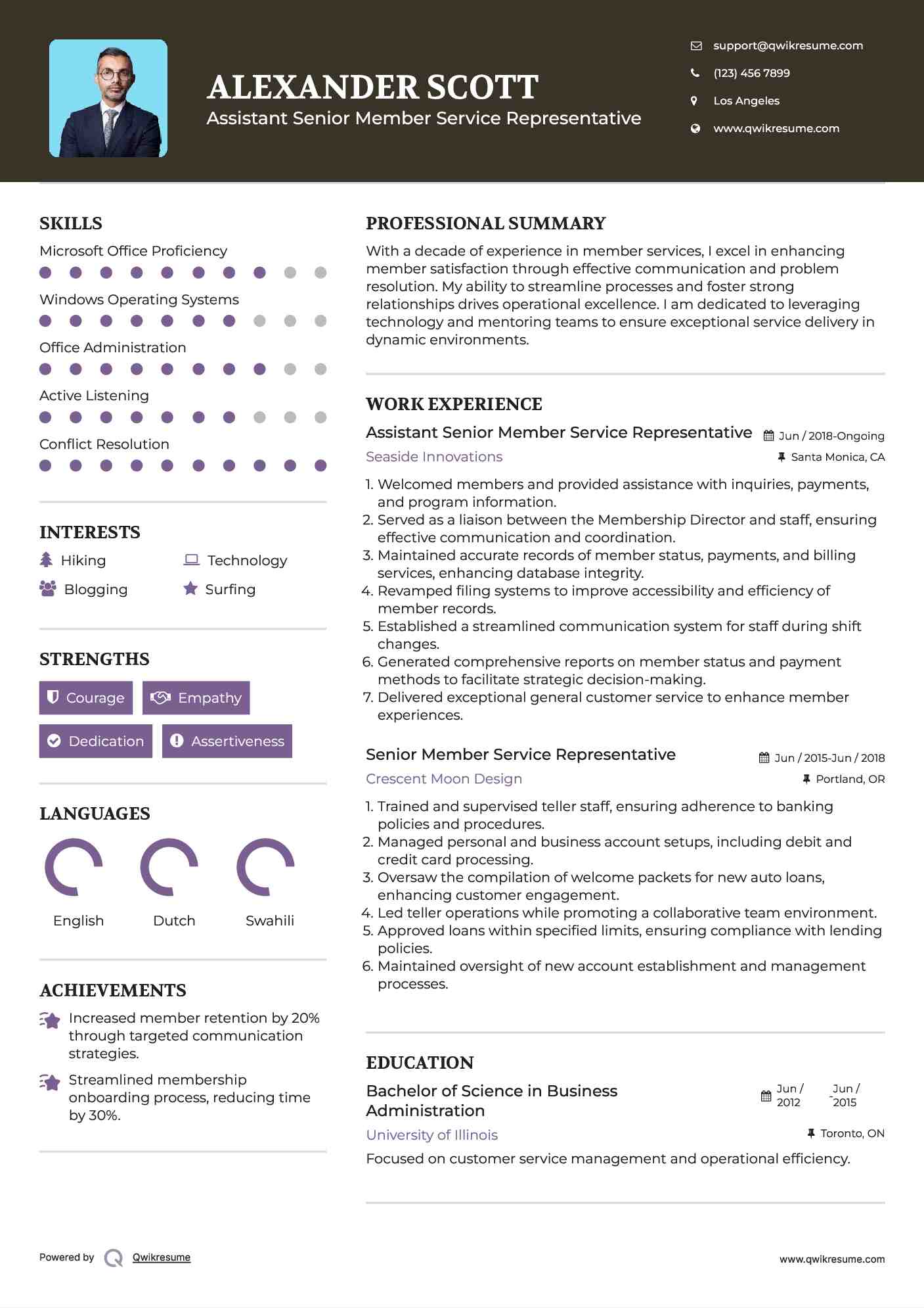 Assistant Senior Member Service Representative  Resume Sample
