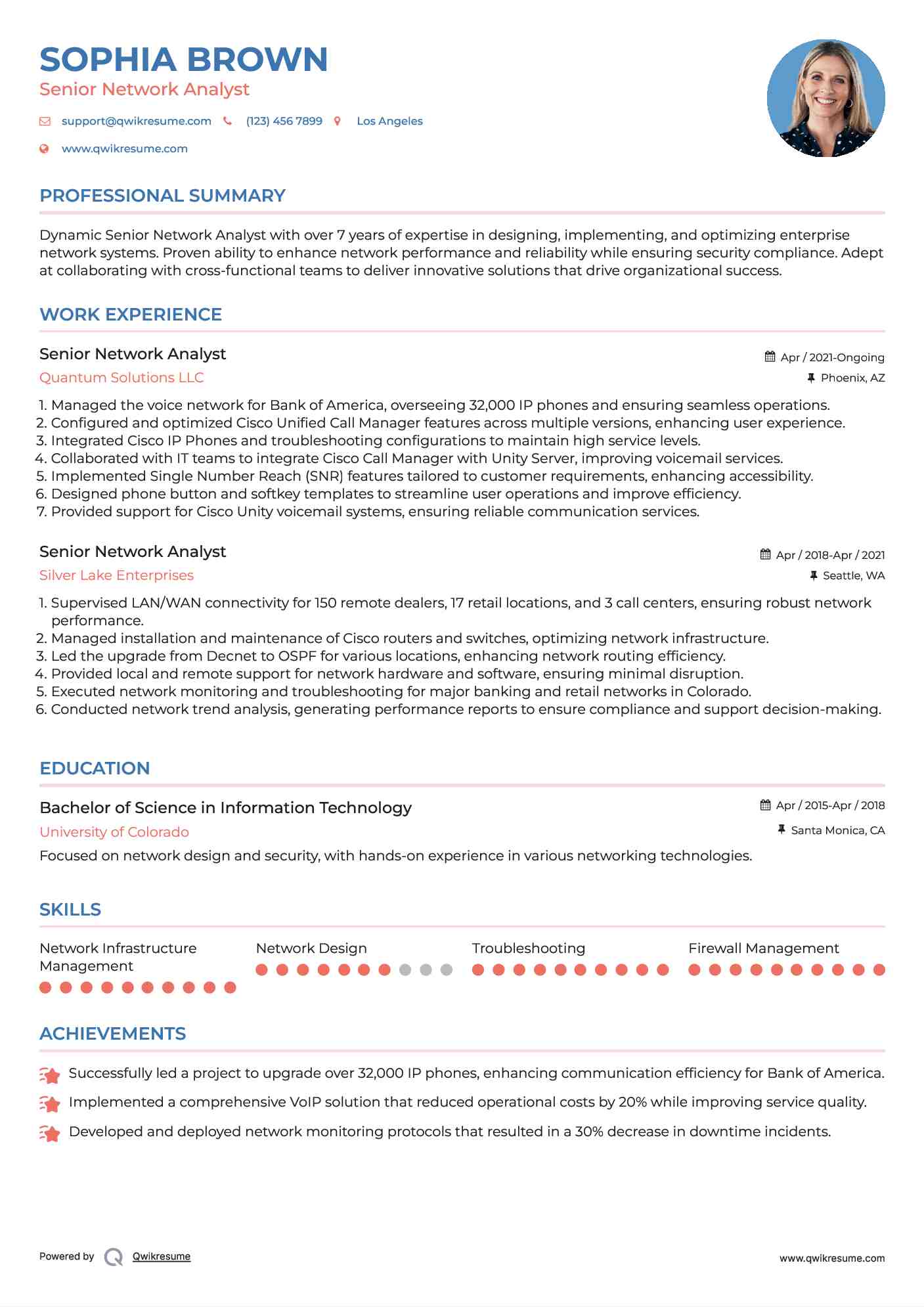 Senior Network Analyst Resume Example