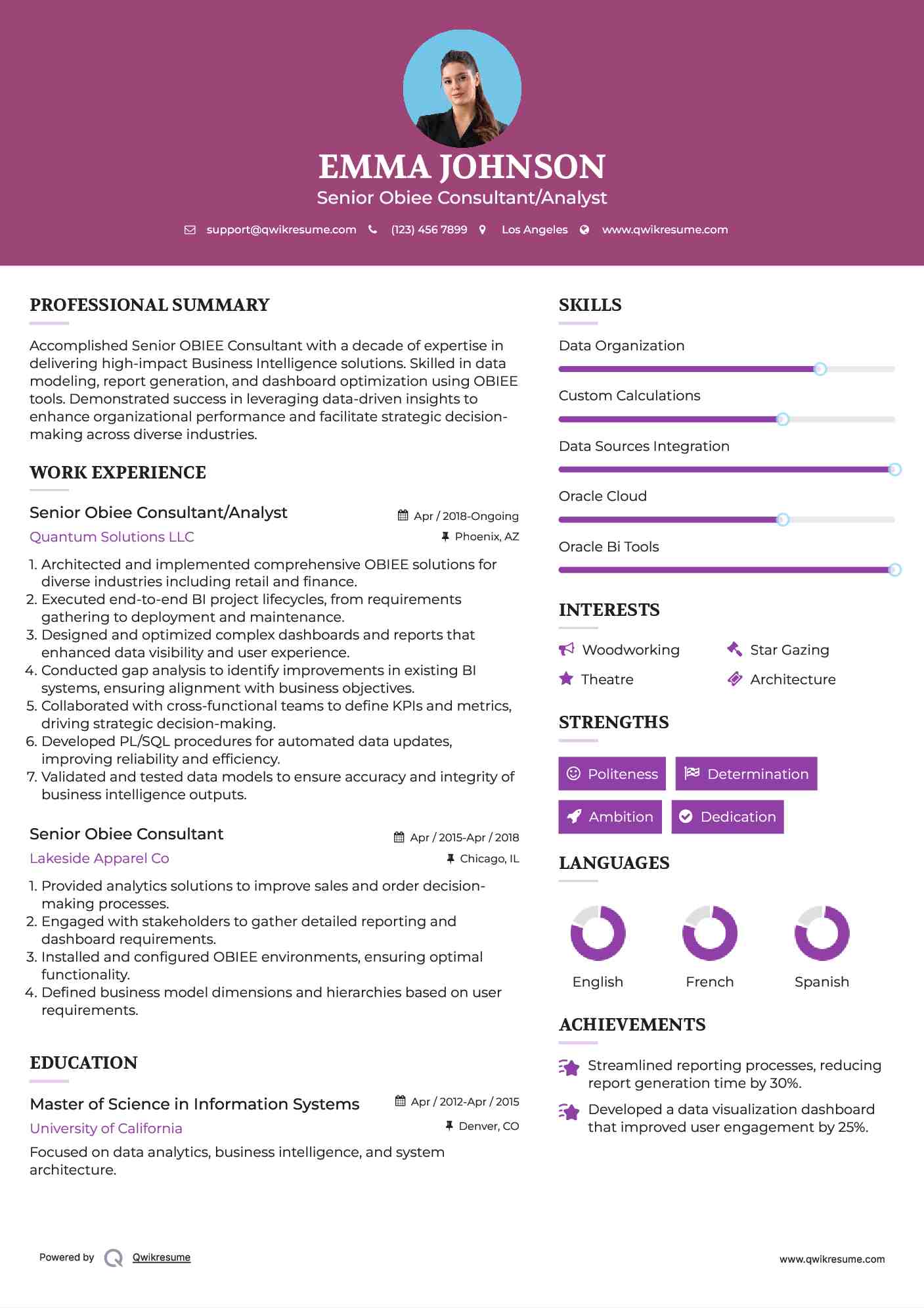 Senior Obiee Consultant/Analyst Resume Example