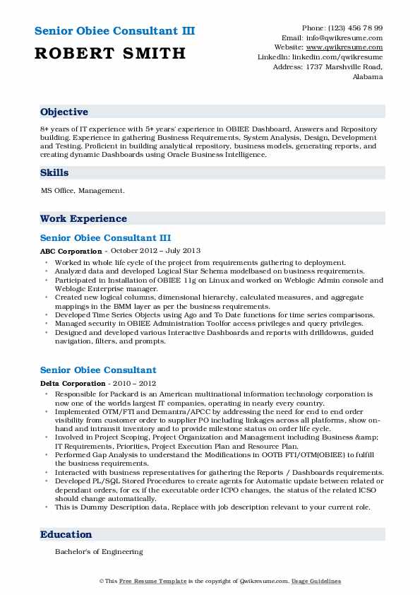 Senior Obiee Consultant Resume Samples QwikResume